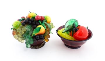 A quantity of assorted glass model fruits. Together with a centrepiece fruit bowl. Centrepiece