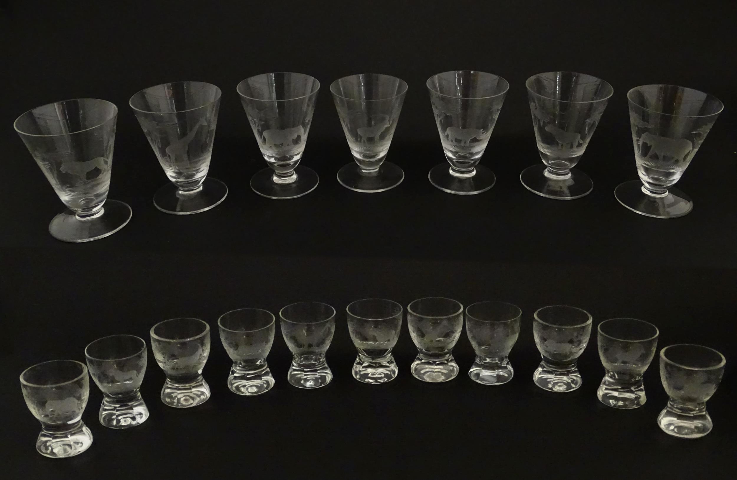 Rowland Ward sherry / liquor glasses with engraved Safari animal detail. Unsigned. Largest approx.