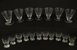 Rowland Ward sherry / liquor glasses with engraved Safari animal detail. Unsigned. Largest approx.