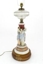 A table lamp formed from an oil lamp with ceramic figural base. Approx. 22" high Please Note - we do