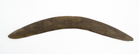 Ethnographic / Native / Tribal : A large Australian carved wooden boomerang with engraved decoration