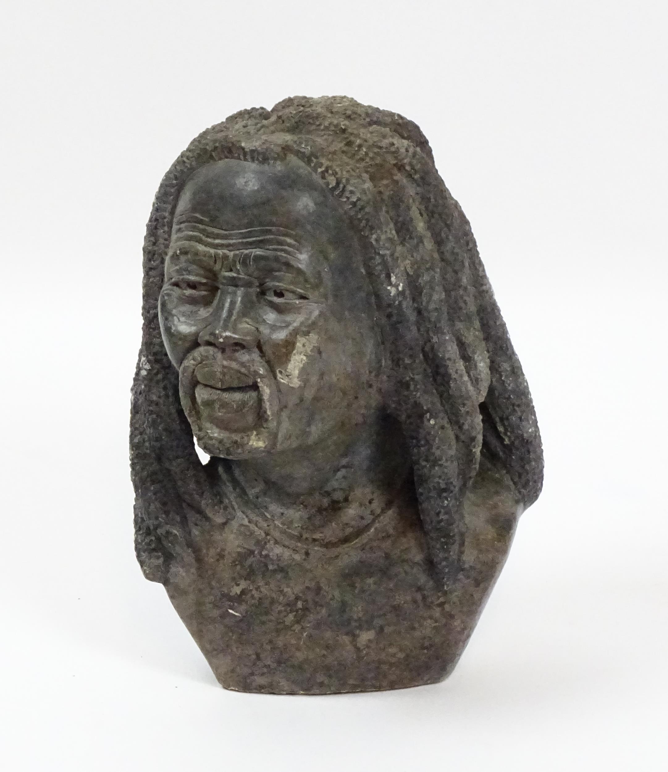 Ethnographic / Native / Tribal : An African carved soapstone bust modelled as a man with dreadlocks. - Image 4 of 6