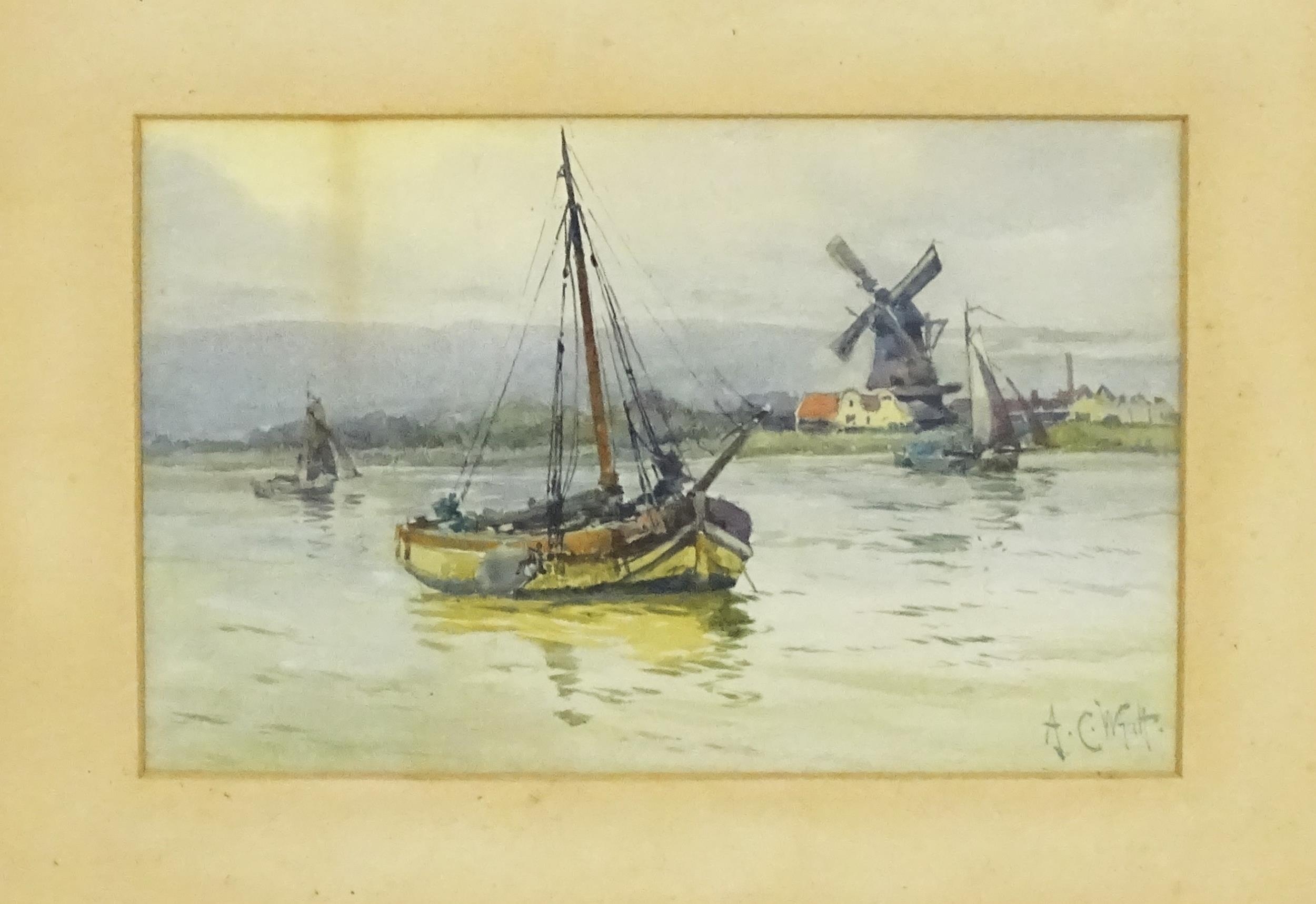 Augustus Charles Wyatt (1863-1933), Watercolour, A river scene with fishing boats and windmill - Image 3 of 4