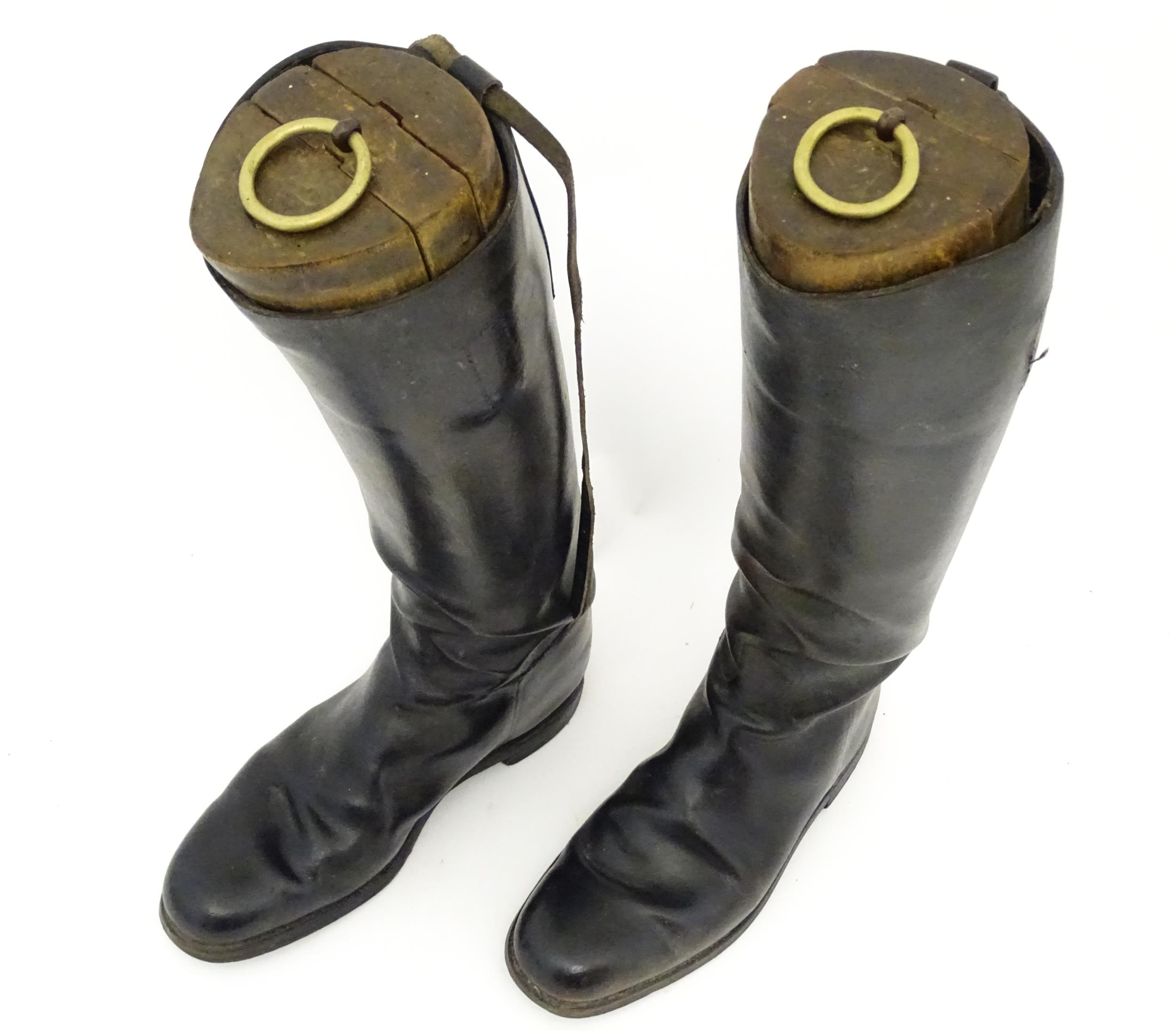 An early 20thC pair of black leather riding boots with trees, approx size 10 (2) Please Note - we do - Image 5 of 10