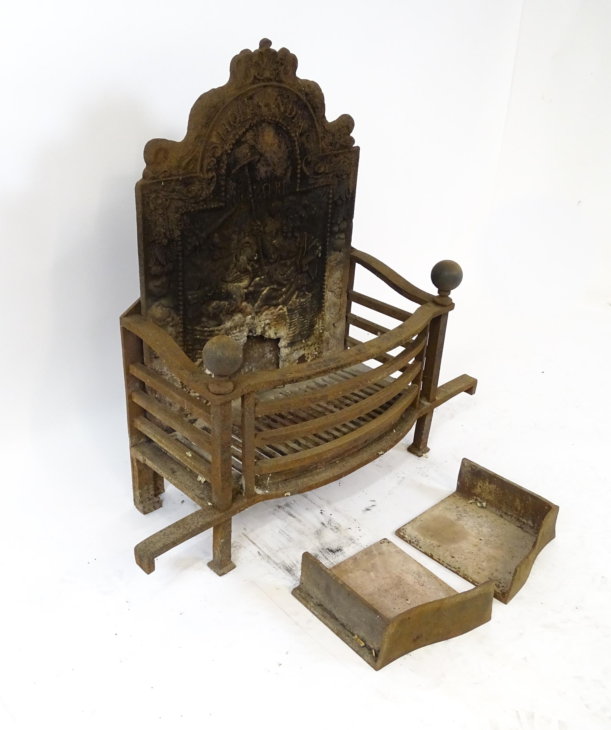 A large cast iron fire basket, the back decorated with figure and lion, marked 'Hollandia Pro - Image 16 of 18