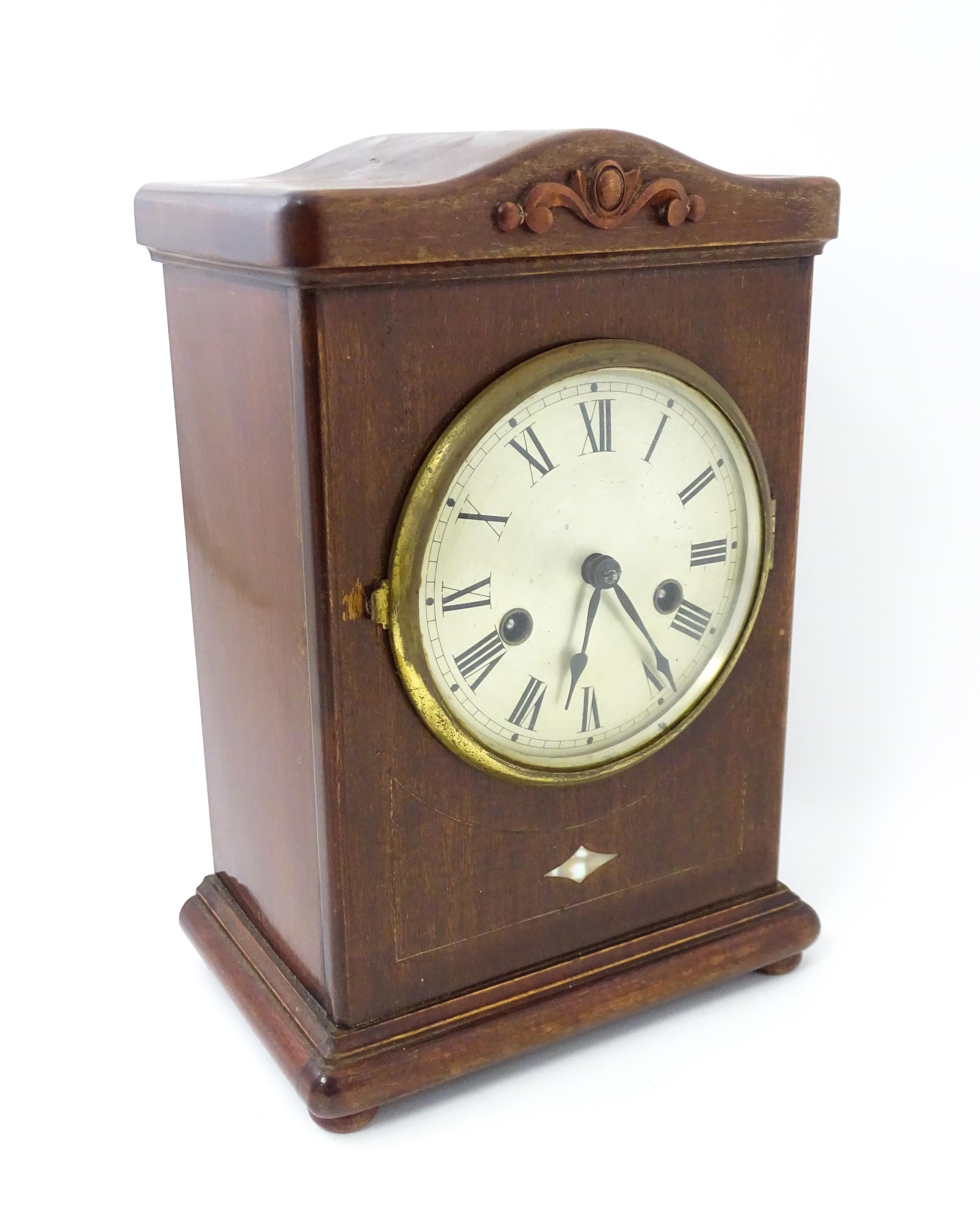A mahogany cased mantle clock with silvered dial and Roman numerals. The by Gustav Becker 8-day - Image 3 of 9