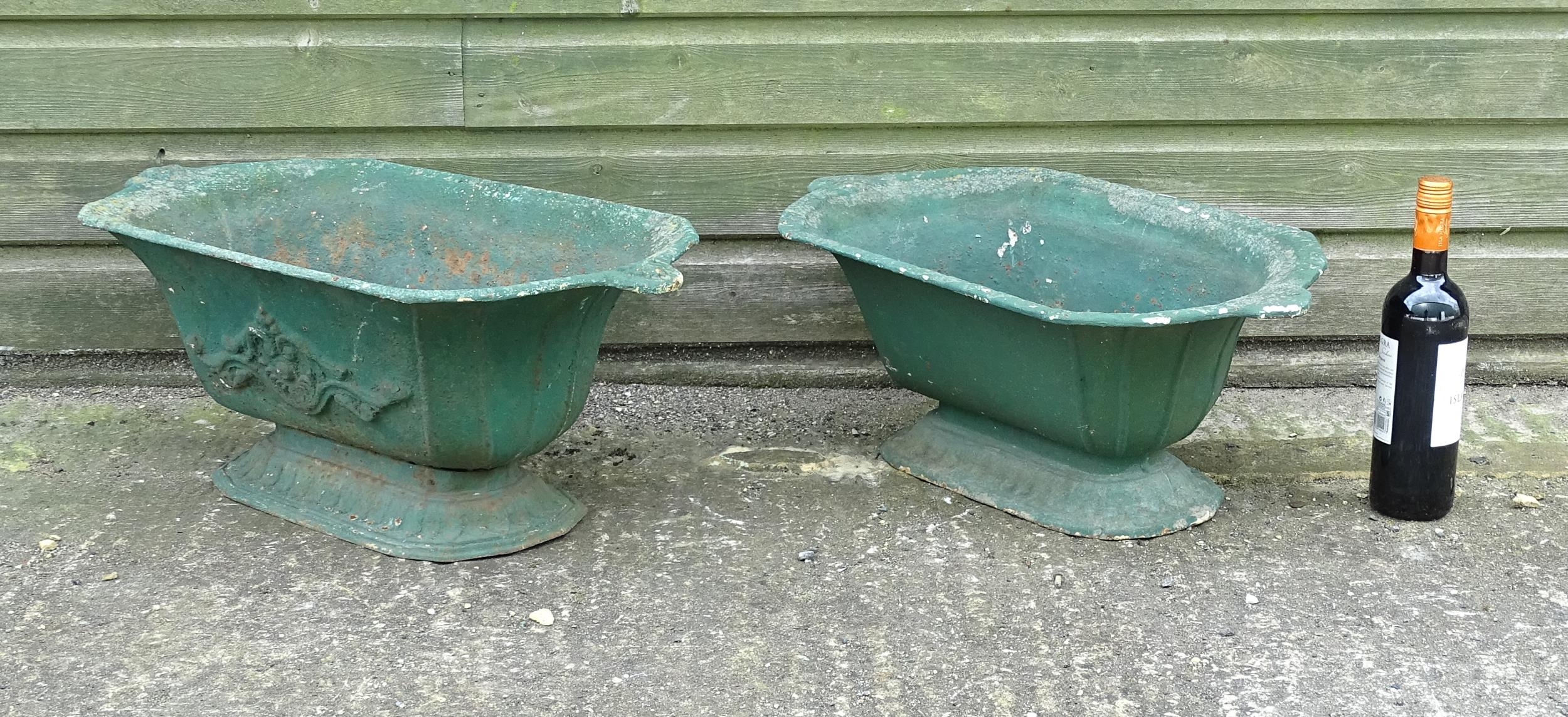 Two early 20thC cast iron pedestal planters / urns, one with relief detail. Approx. 26" wide x 10" - Image 4 of 8