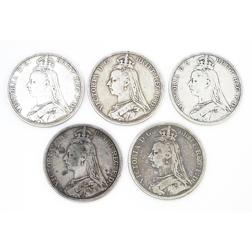 Coins: Five Victorian crowns dated 1889, 1890, 1891 and two 1892 (5) Please Note - we do not make