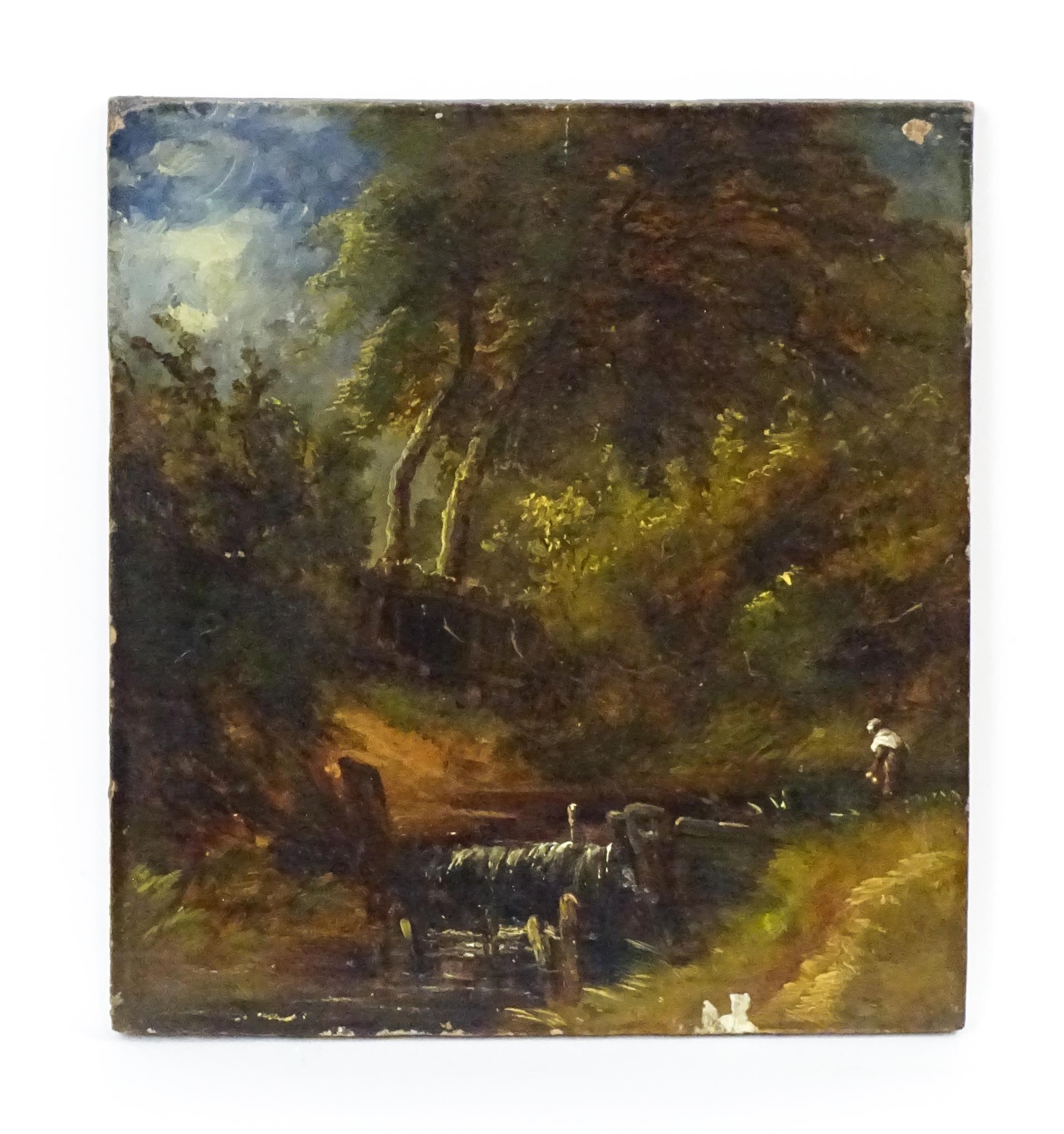 19th century, Oil on panel, A wooded river scene with a figure. Indistinctly ascribed verso. Approx.