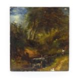 19th century, Oil on panel, A wooded river scene with a figure. Indistinctly ascribed verso. Approx.