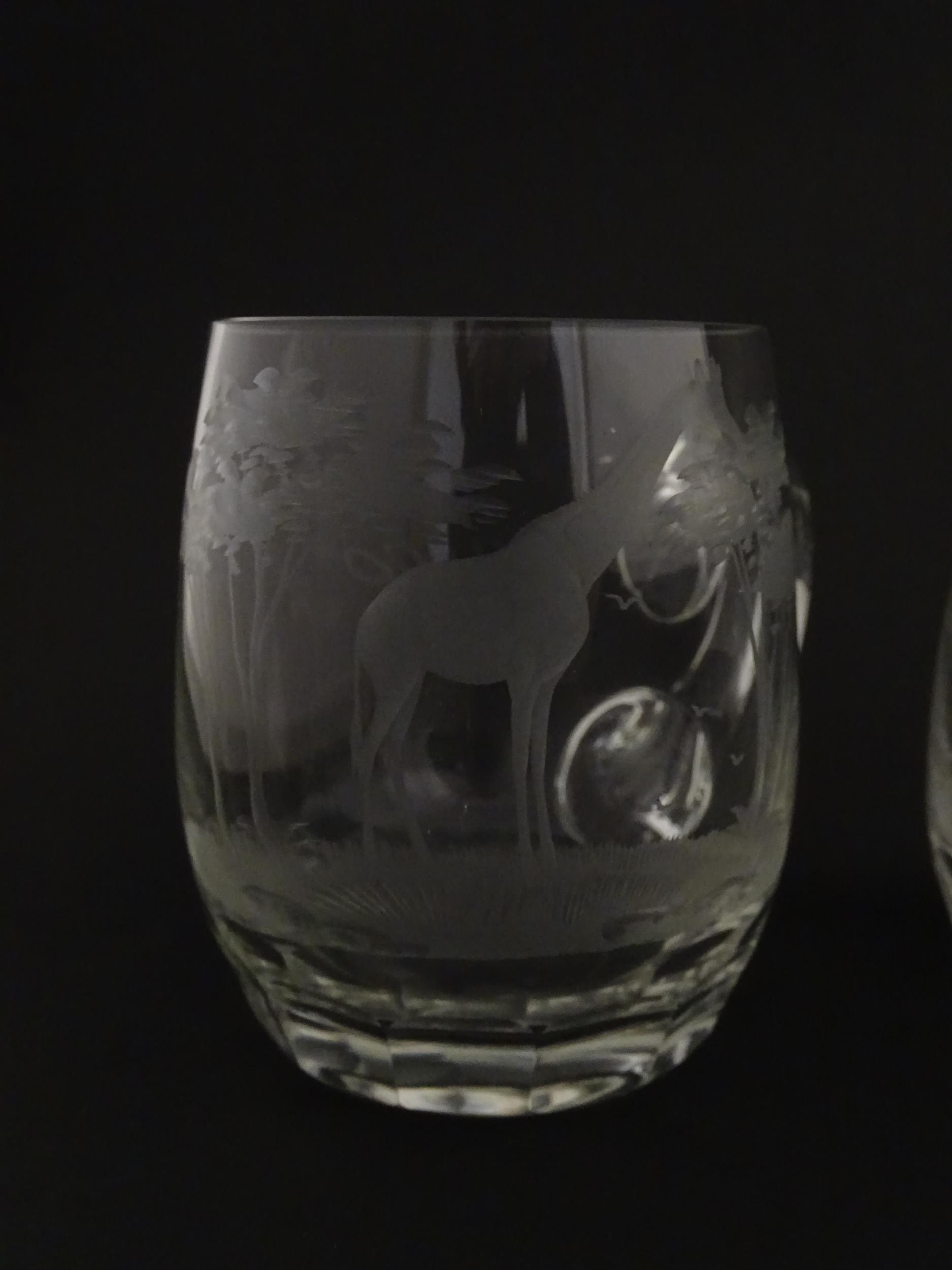 Seven Rowland Ward pint mugs / glasses with engraved Safari animal detail. Unsigned. Approx. 4 1/ - Image 10 of 26