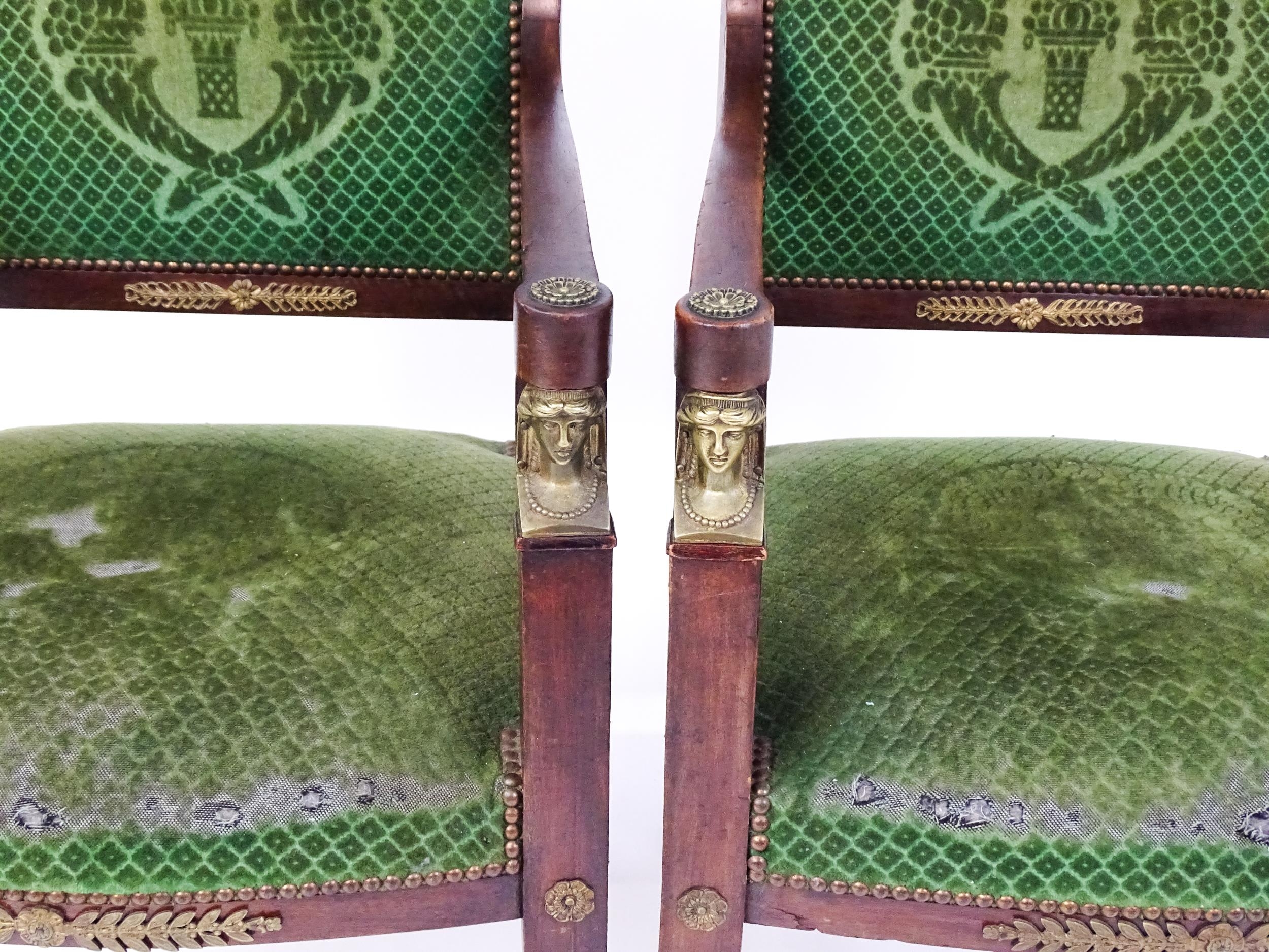 A pair of 19thC Empire armchair with brass neo classical style mounts including lozenges, masks - Image 8 of 10