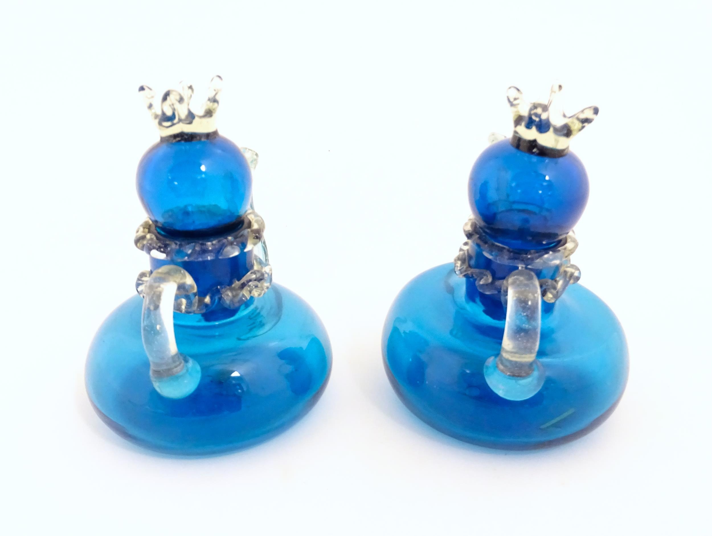 An unusual pair of turquoise glass oil / vinegar bottles of teapot form, the lids surmounted by - Image 10 of 11