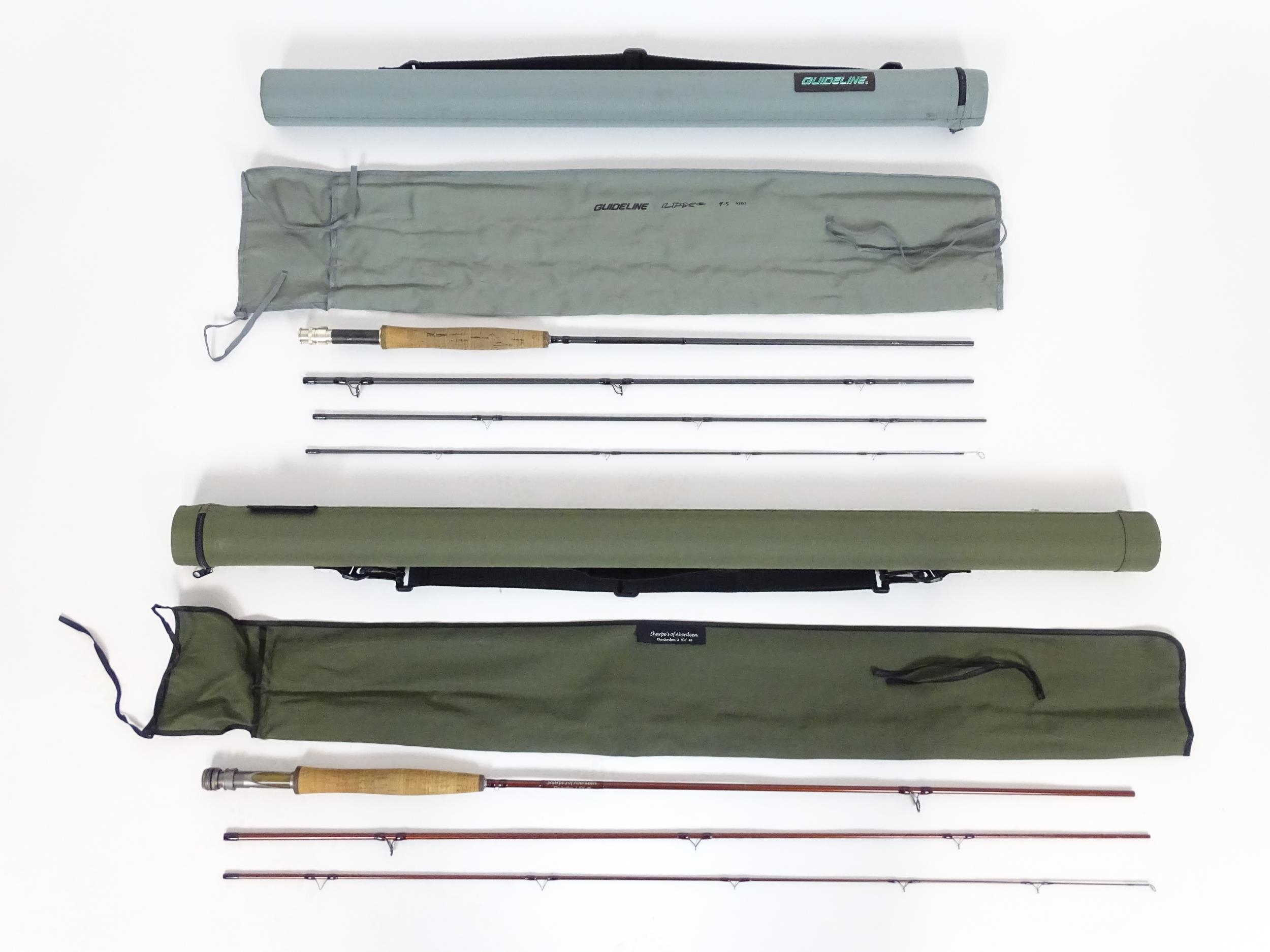 Fishing : a Sharpe's of Aberdeen 'Gordon 2' three-piece fly rod, approx 108" long. With cloth case