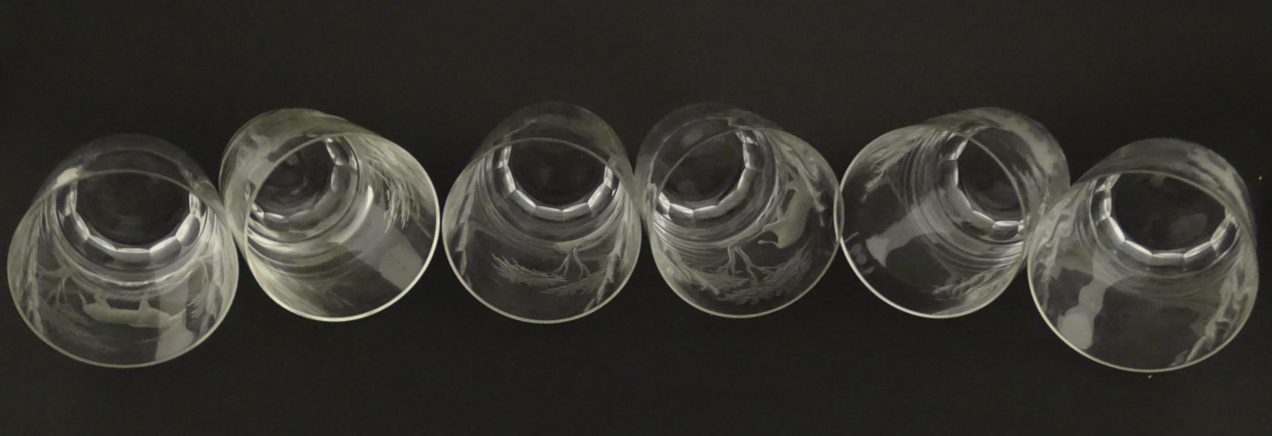 Six Rowland Ward tumbler glasses with engraved Safari animal detail. Unsigned Approx. 3 3/4" high ( - Bild 2 aus 13