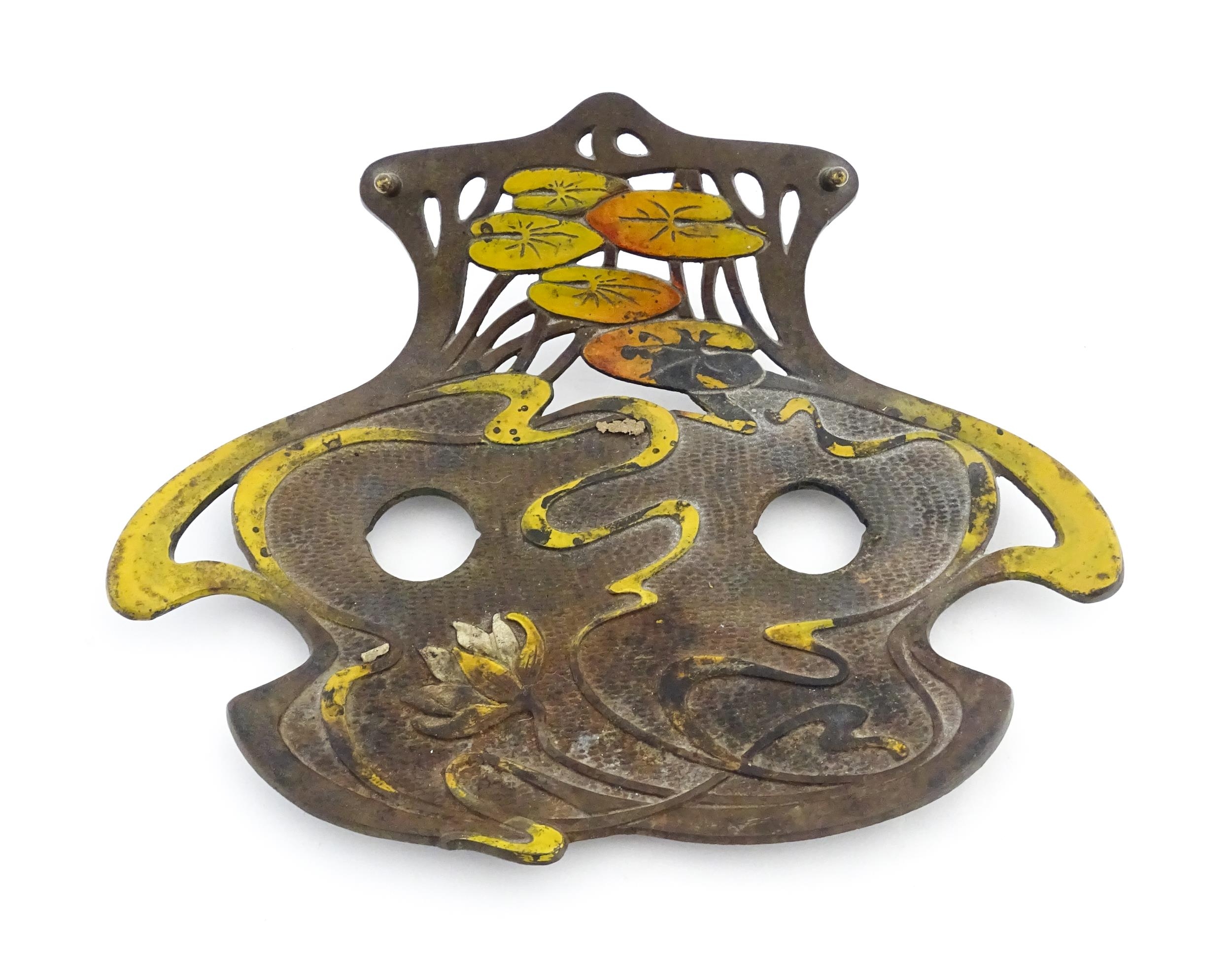 An Art Nouveau / Jugendstil cast standish of shaped form with enamel waterlily and lotus flower - Image 6 of 8