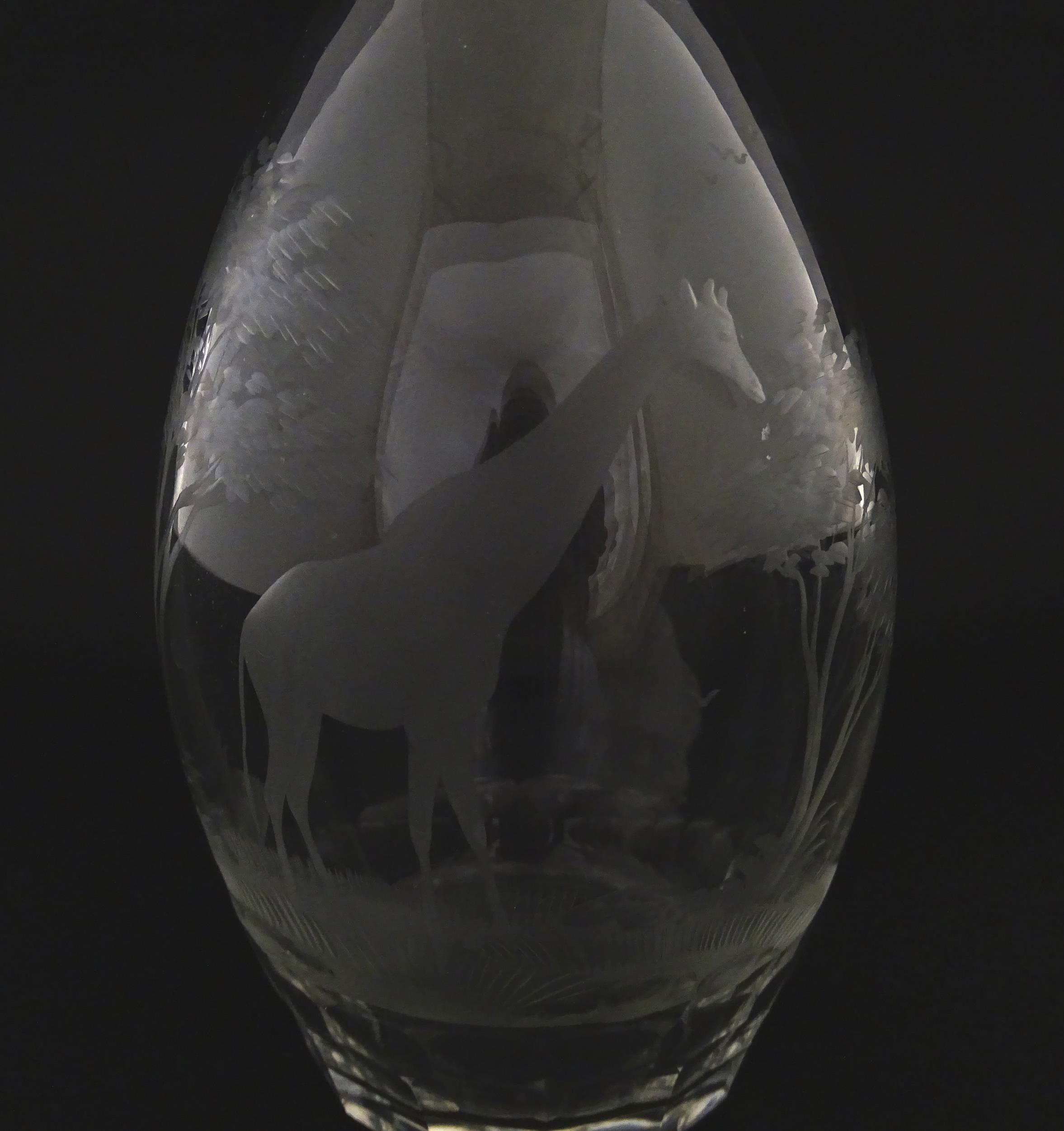 A Rowland Ward glass decanter with engraved Safari animal detail. Unsigned Approx. 11 1/4" high - Image 2 of 10