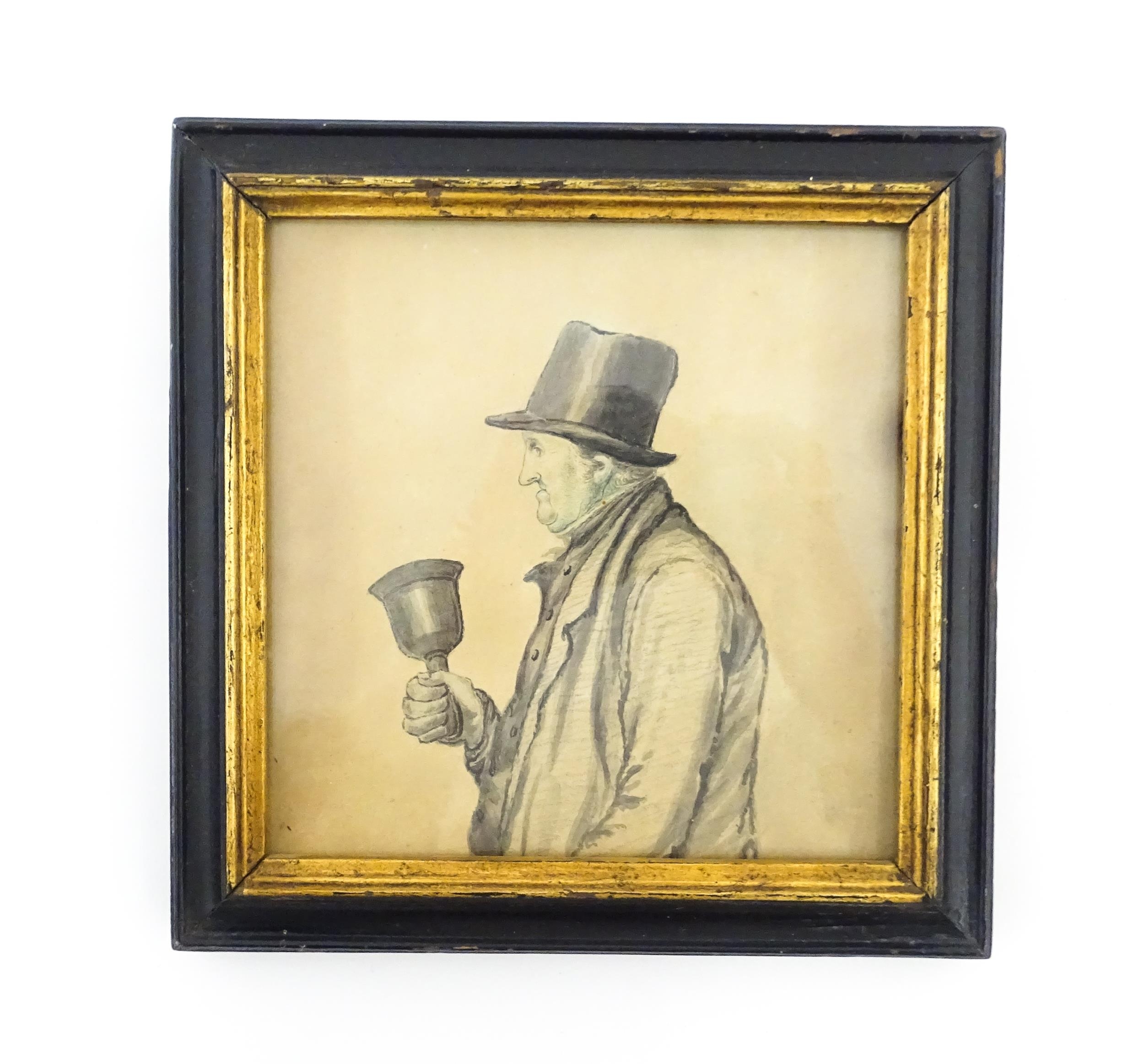 An early 20thC watercolour depicting a portrait of a gentleman bell ringer in profile. Approx. 5 1/