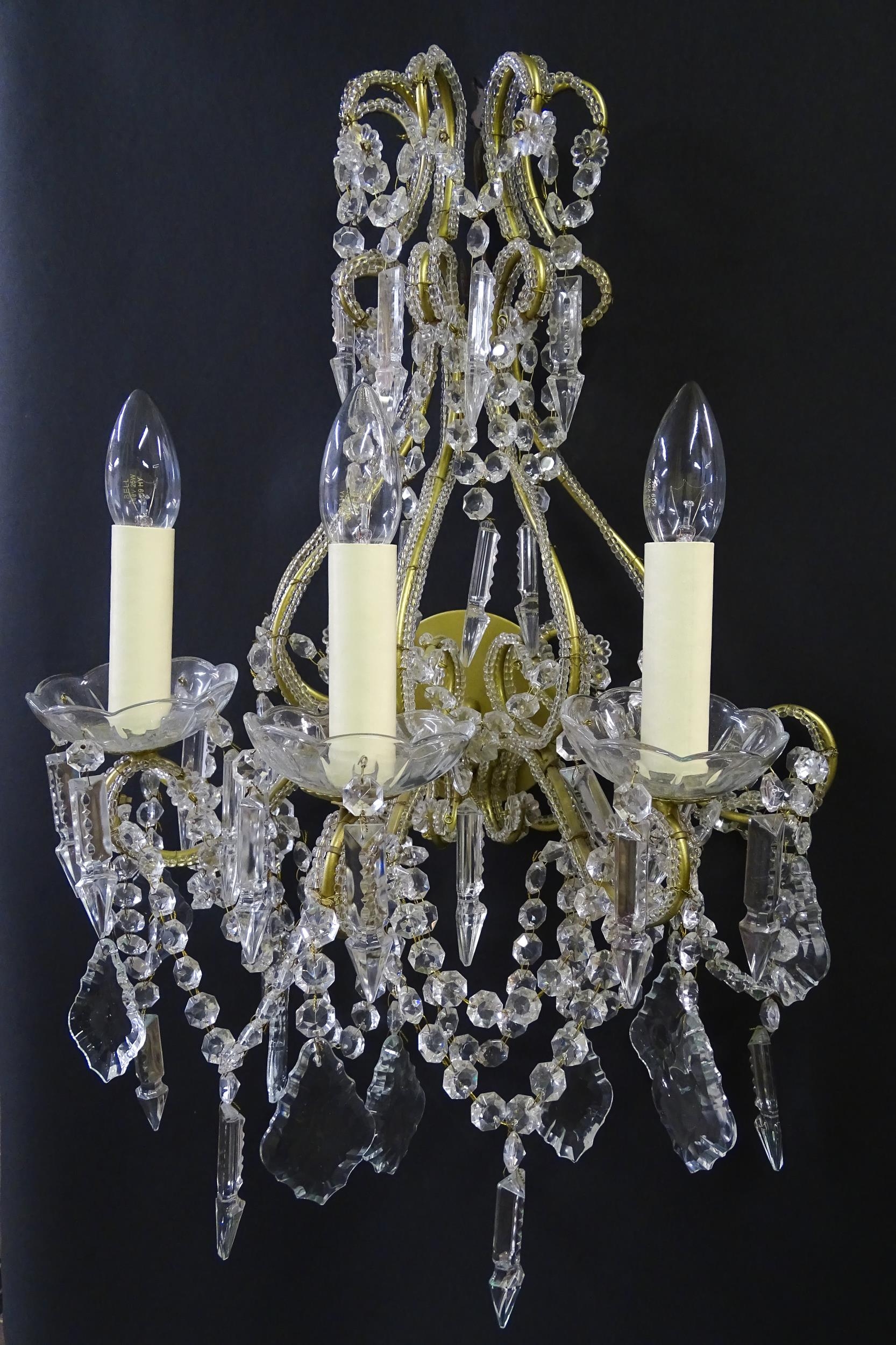 Four Italian wall lights having three branches, and lustre drops. Approx. 18" wide (4) Please Note - - Image 13 of 13
