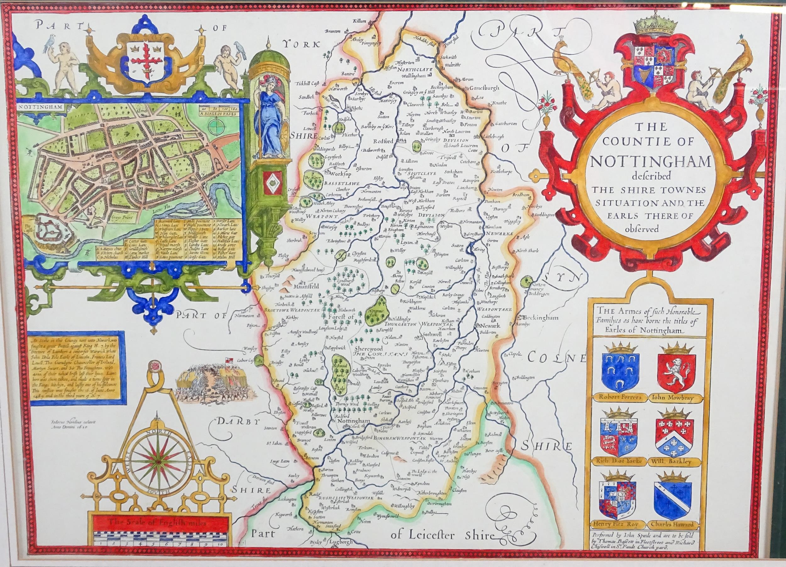 Map: An engraved and hand coloured map titled The Countie of Nottingham described The Shire Townes - Image 2 of 3