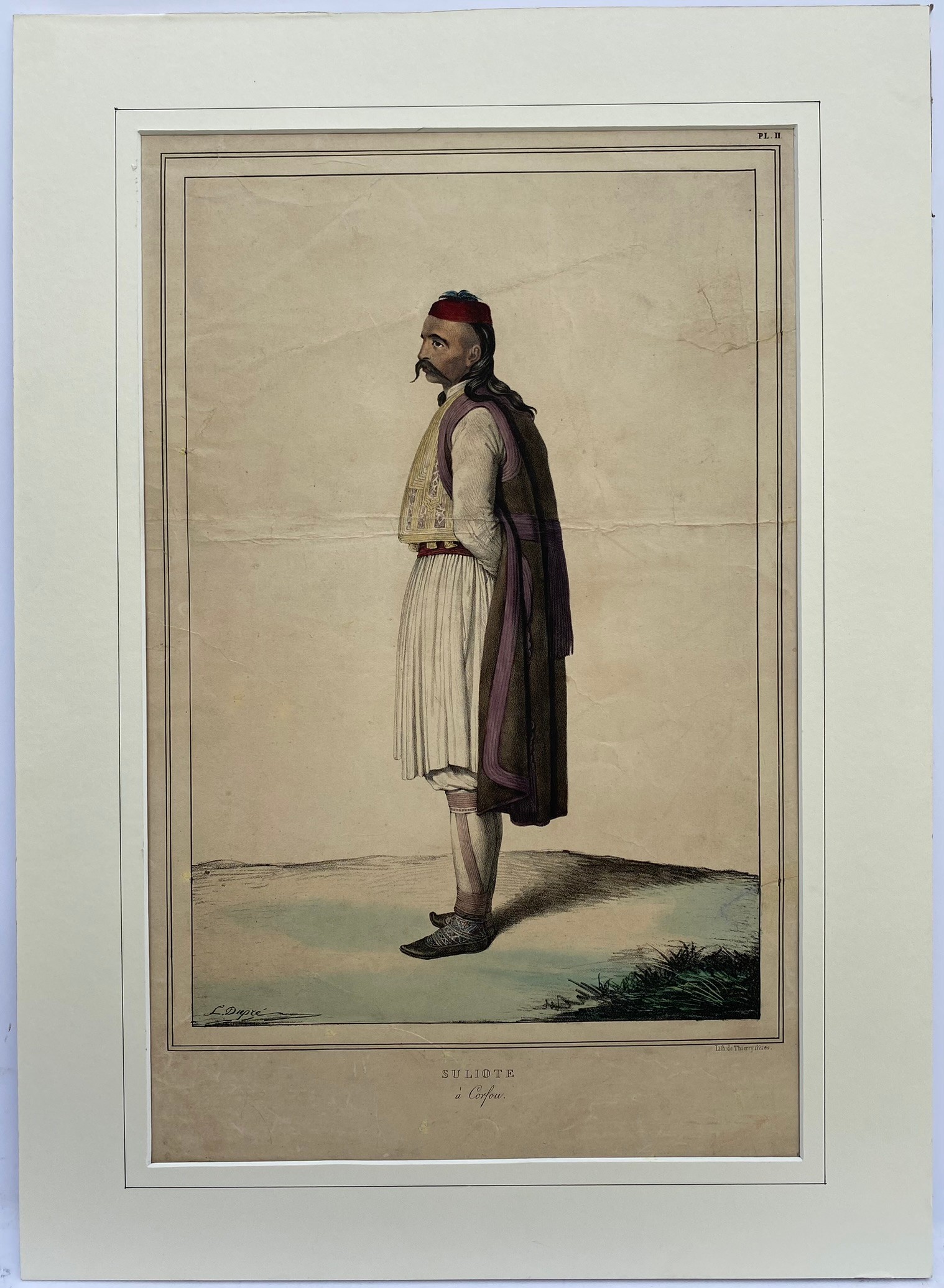 Louis Dupre (1789-1837), Original lithograph hand coloured with watercolour, Titled Suliote a Corfou