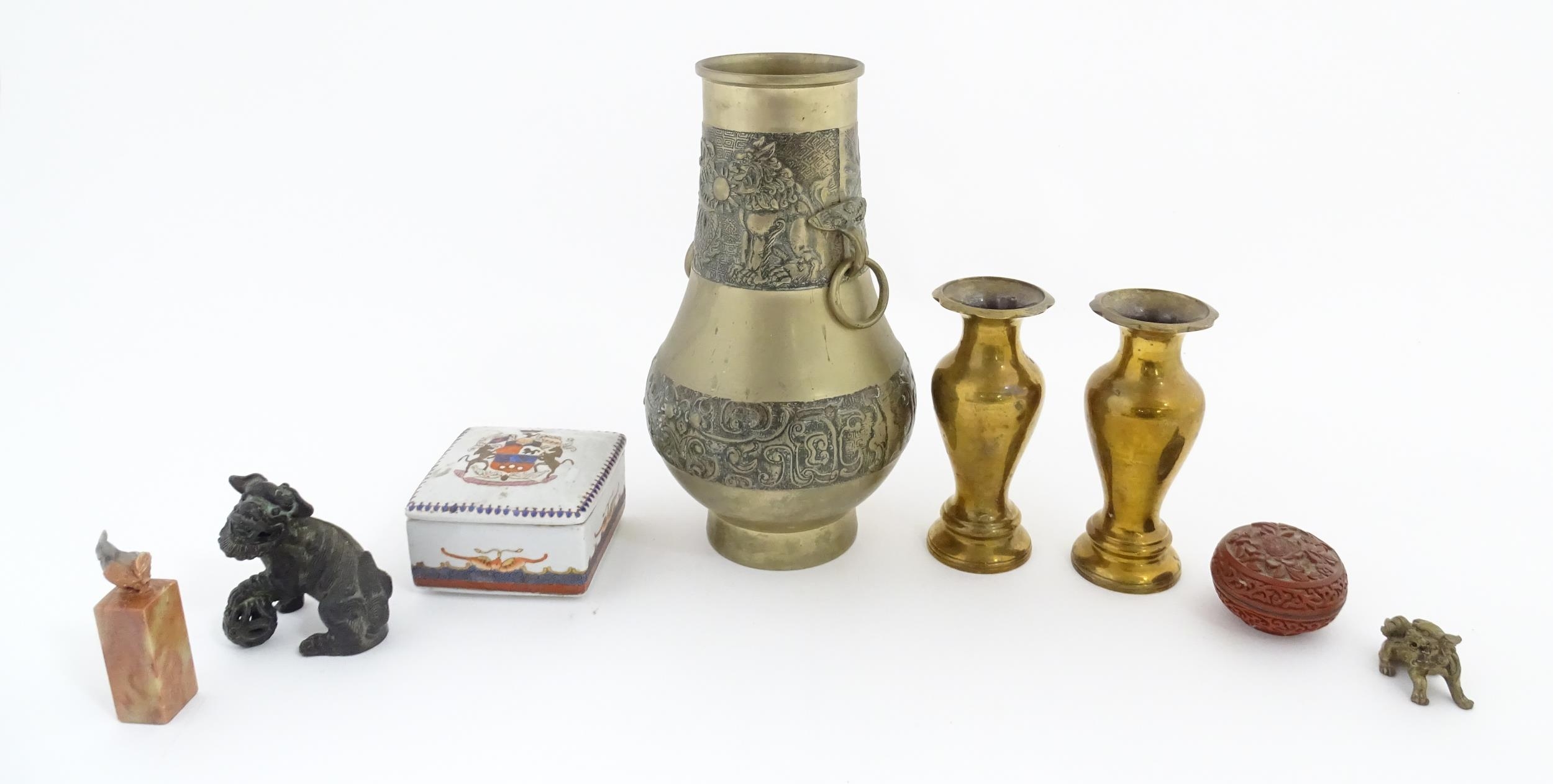 A quantity of assorted Oriental items to include a pair of cast brass vases of tapering form with - Image 4 of 12