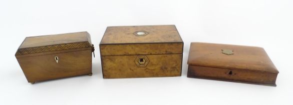 Three assorted early 20thC boxes to include a walnut work box with inlaid mother of pearl detail