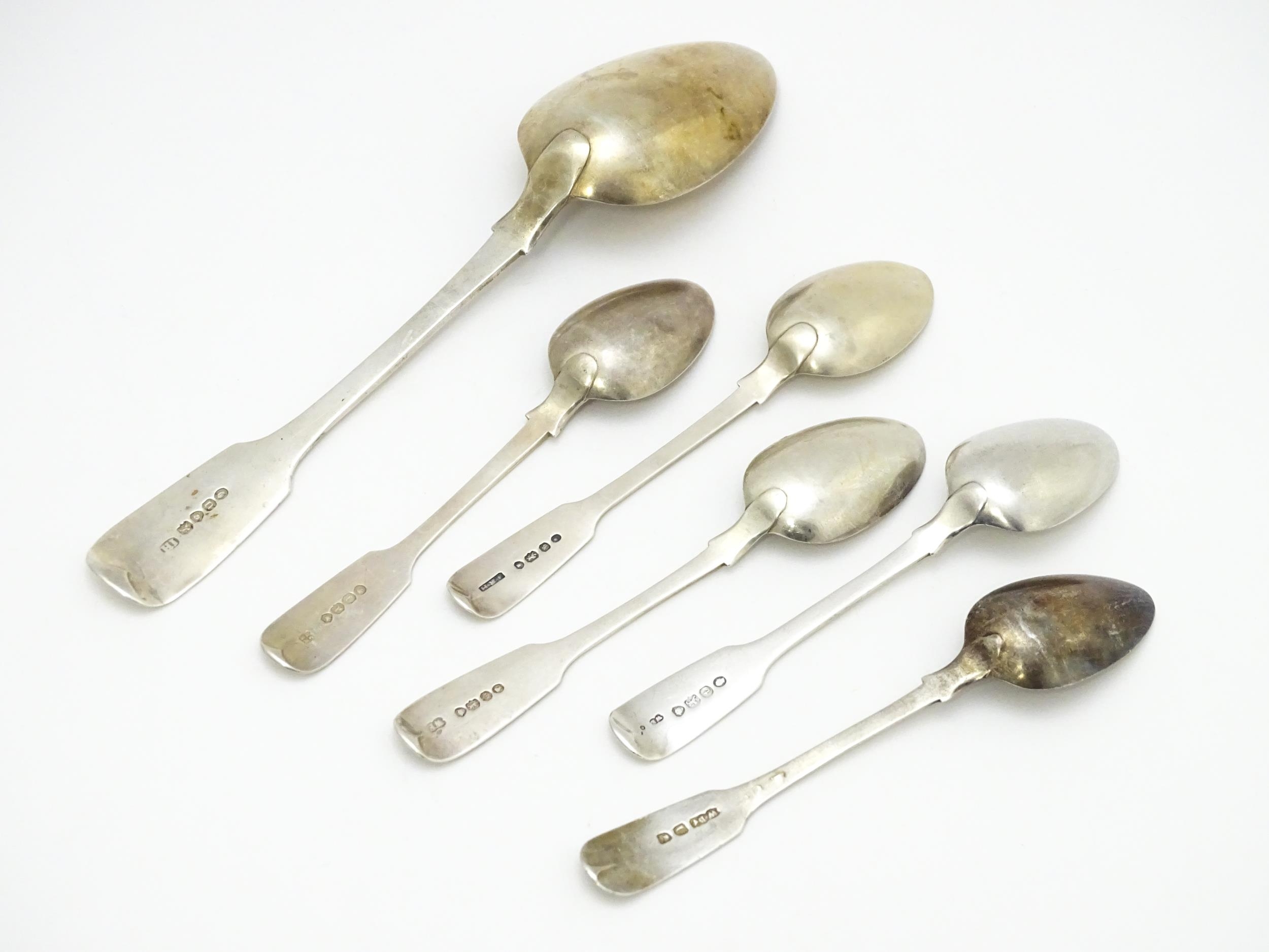 Five assorted 19thC silver Fiddle pattern teaspoons. Together with a table spoon hallmarked London - Image 5 of 6