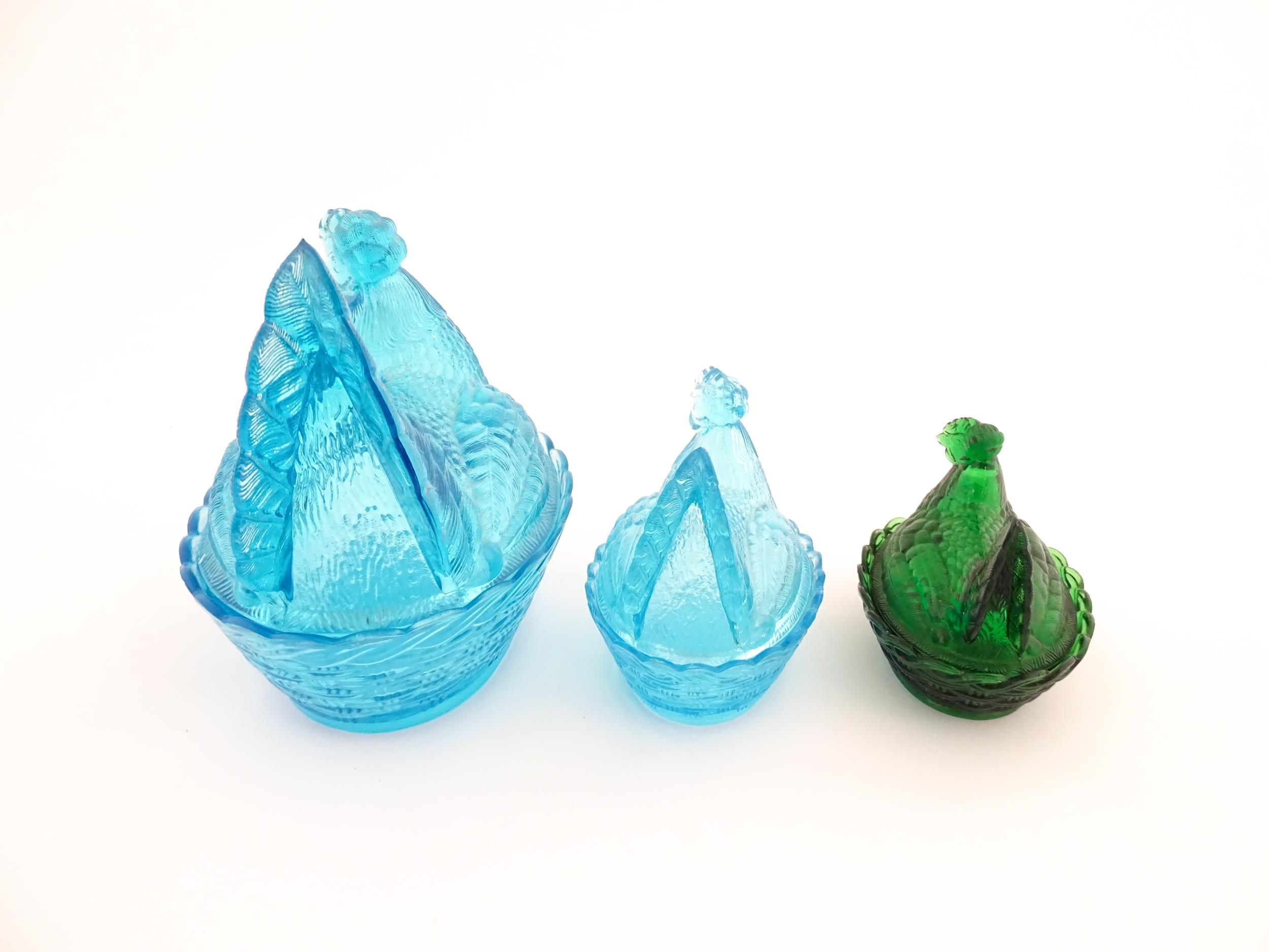 Three 20thC glass hen on nest egg containers, comprising two blue and one green. Largest approx. 8 - Image 7 of 9