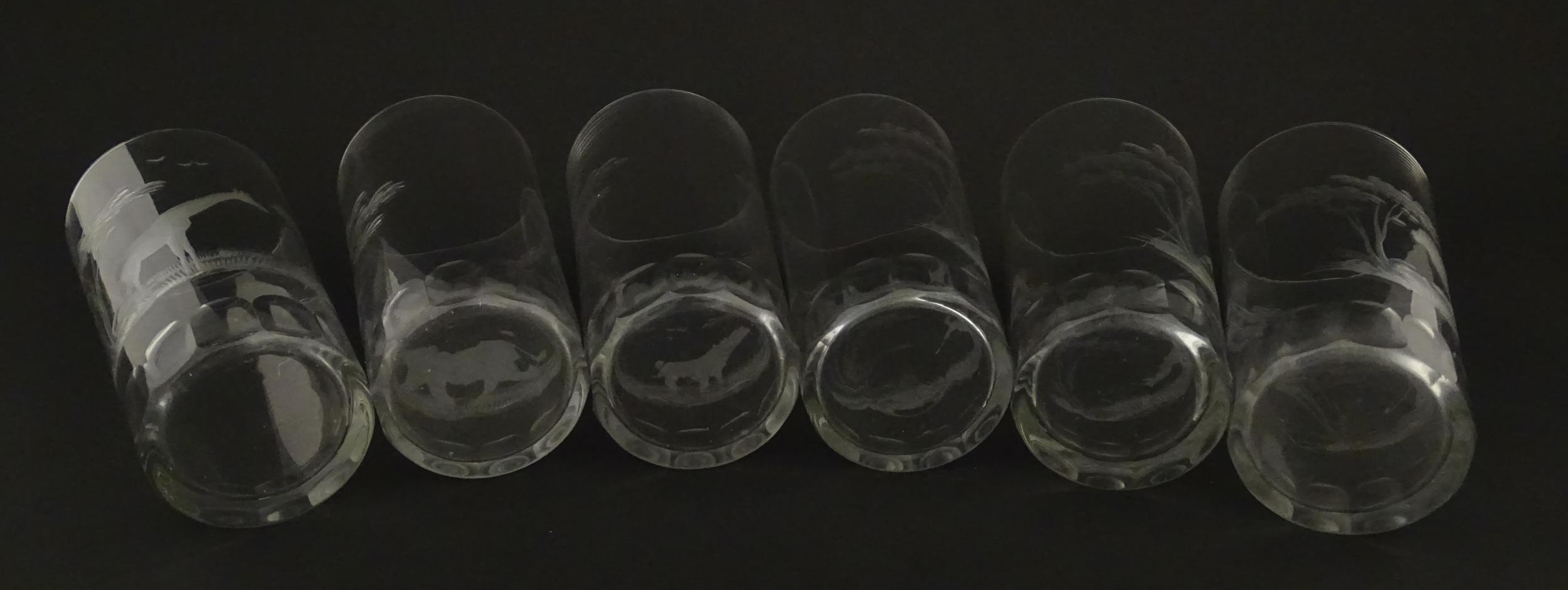 Six Rowland Ward highball glasses with engraved Safari animal detail. Unsigned. Approx. 5 1/2" - Image 16 of 17