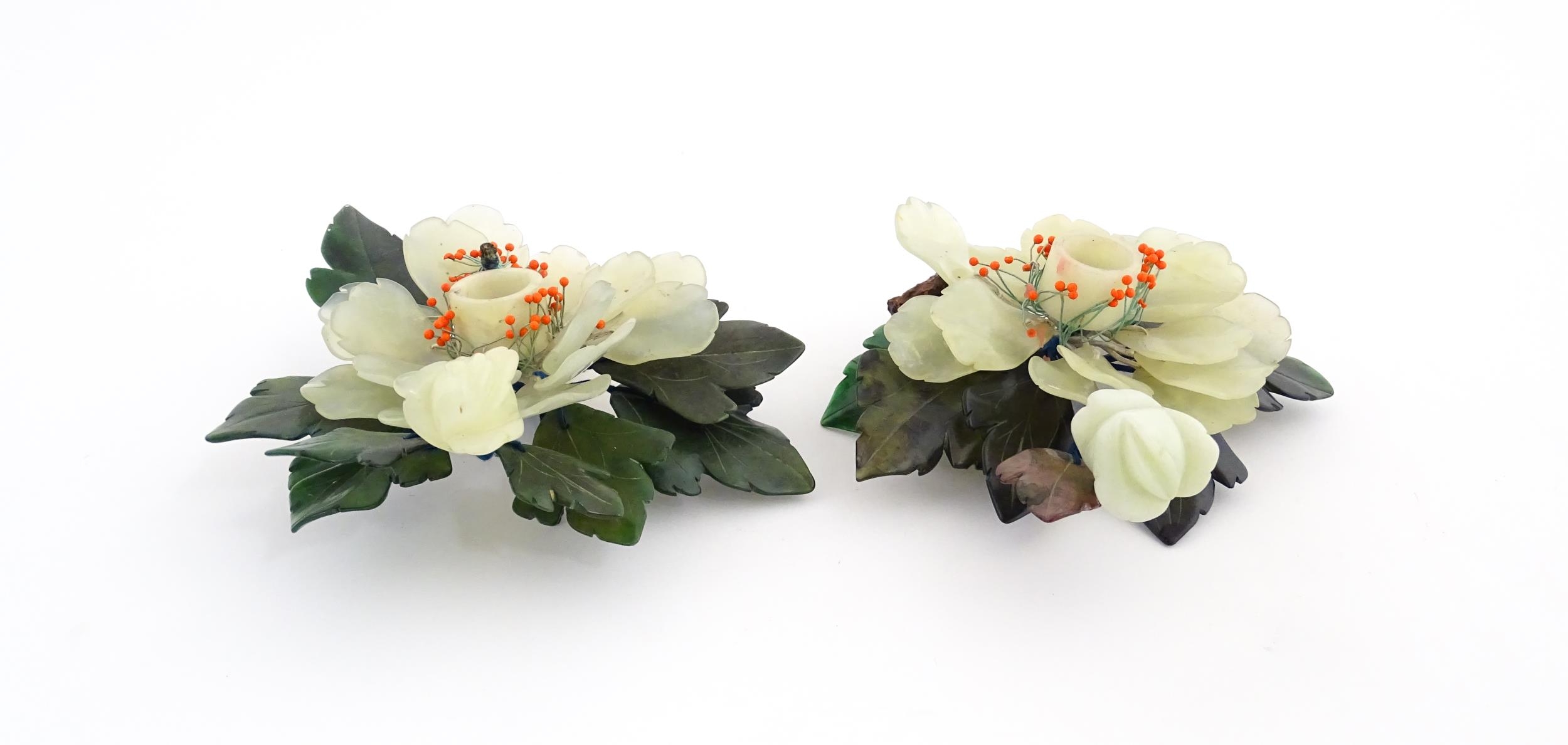 Two Chinese hardstone flower groups with bead detail. Together with a hardstone model of a bunch - Image 6 of 15