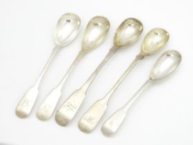 Five assorted Georgian and later mustard spoons hallmarks to include London 1813, maker William Ely,