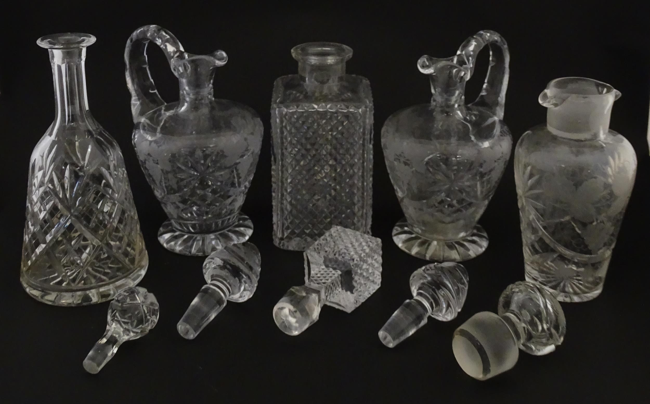 A quantity of assorted cut glass decanters, claret jugs, etc. Largest approx. 11 1/4" high (5) - Image 3 of 10