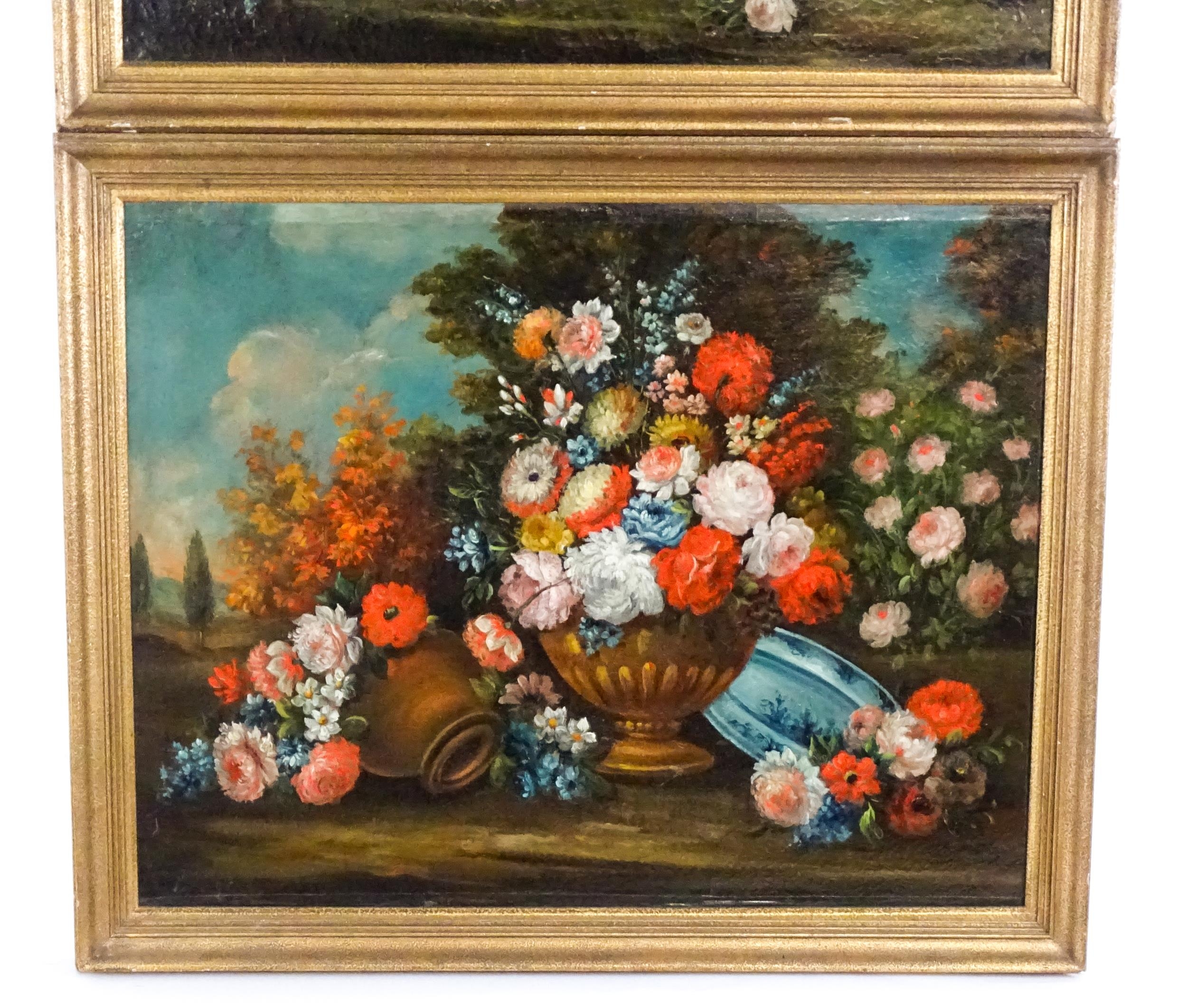 19th century, Oil on canvas, Two still life studies with blooming flowers in urn style vases and - Image 3 of 4