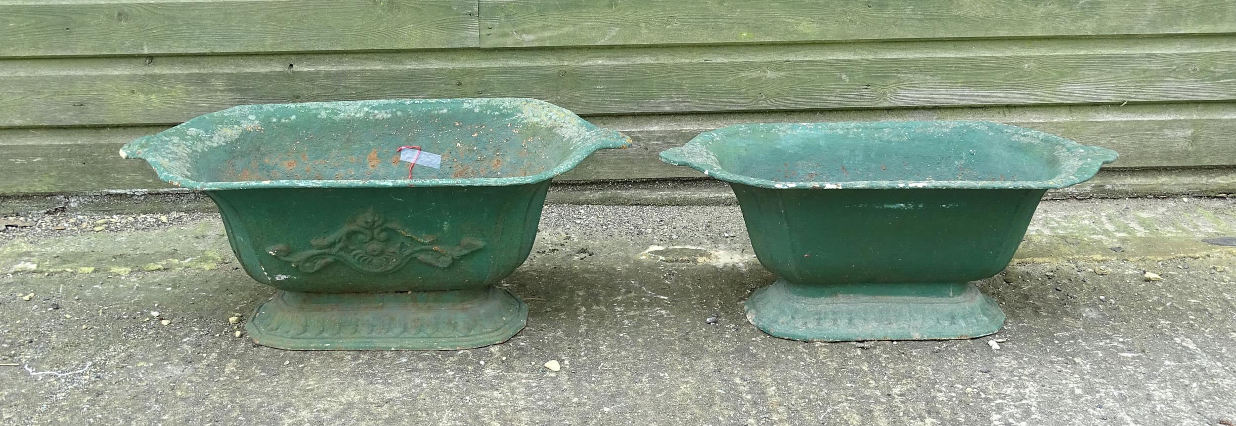 Two early 20thC cast iron pedestal planters / urns, one with relief detail. Approx. 26" wide x 10" - Image 8 of 8