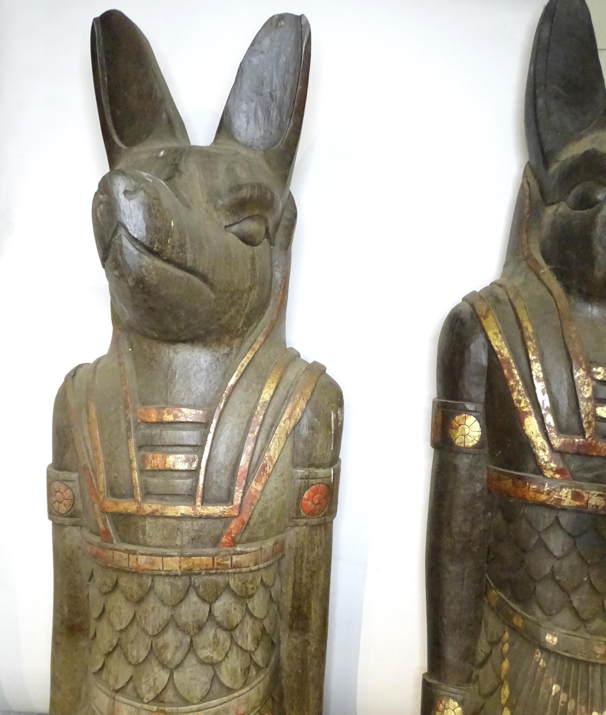 A pair of very large 20thC carved wooden standing Anubis / Ancient Egyptian dog god statues with - Image 42 of 52