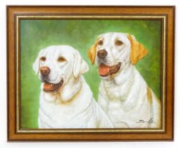 21st century, Oil on canvas, A study of two Golden Labrador dogs. Indistinctly signed lower right.