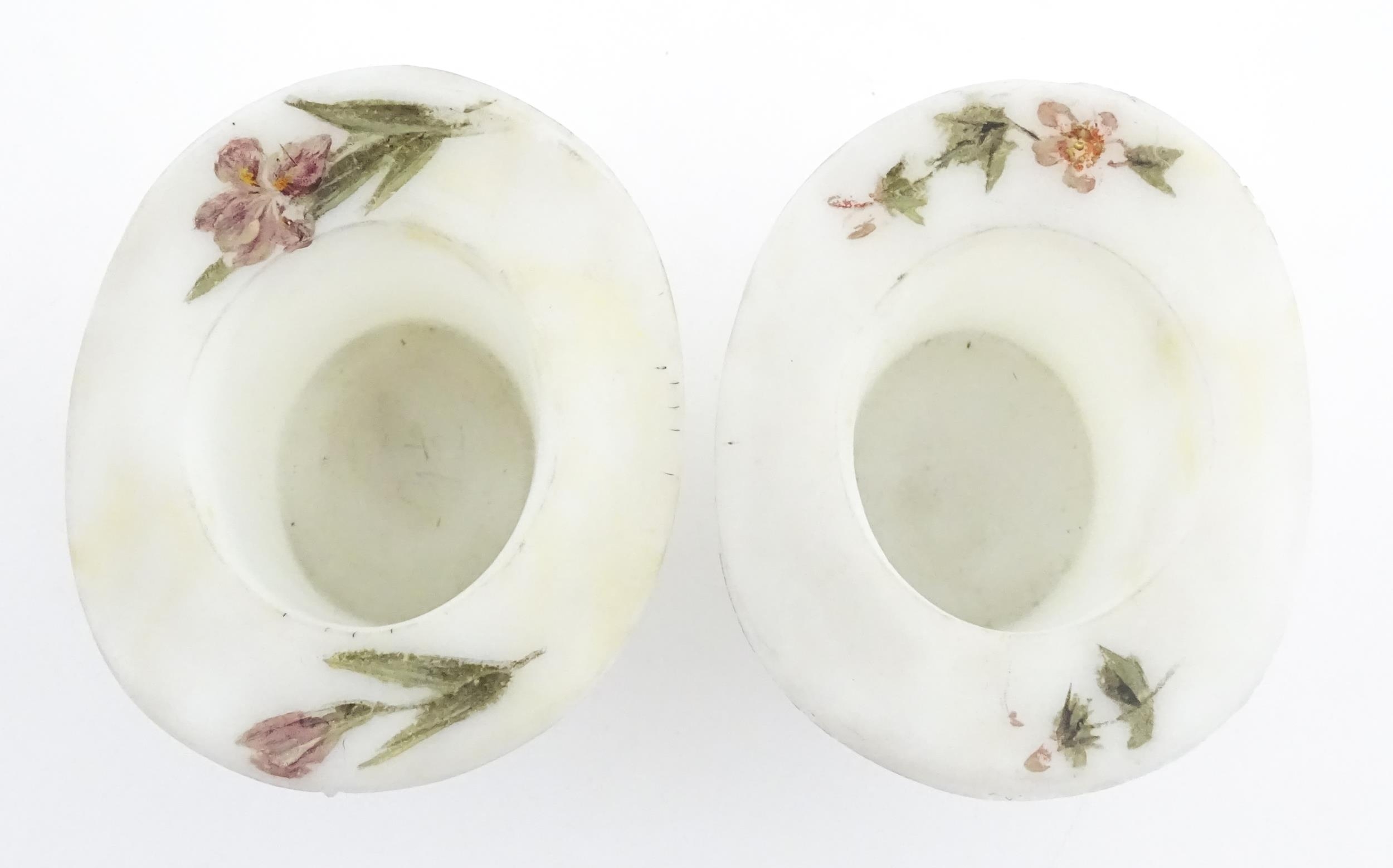 A pair of milk glass match holders / vesta keeps formed as top hats with hand painted floral detail. - Image 12 of 13