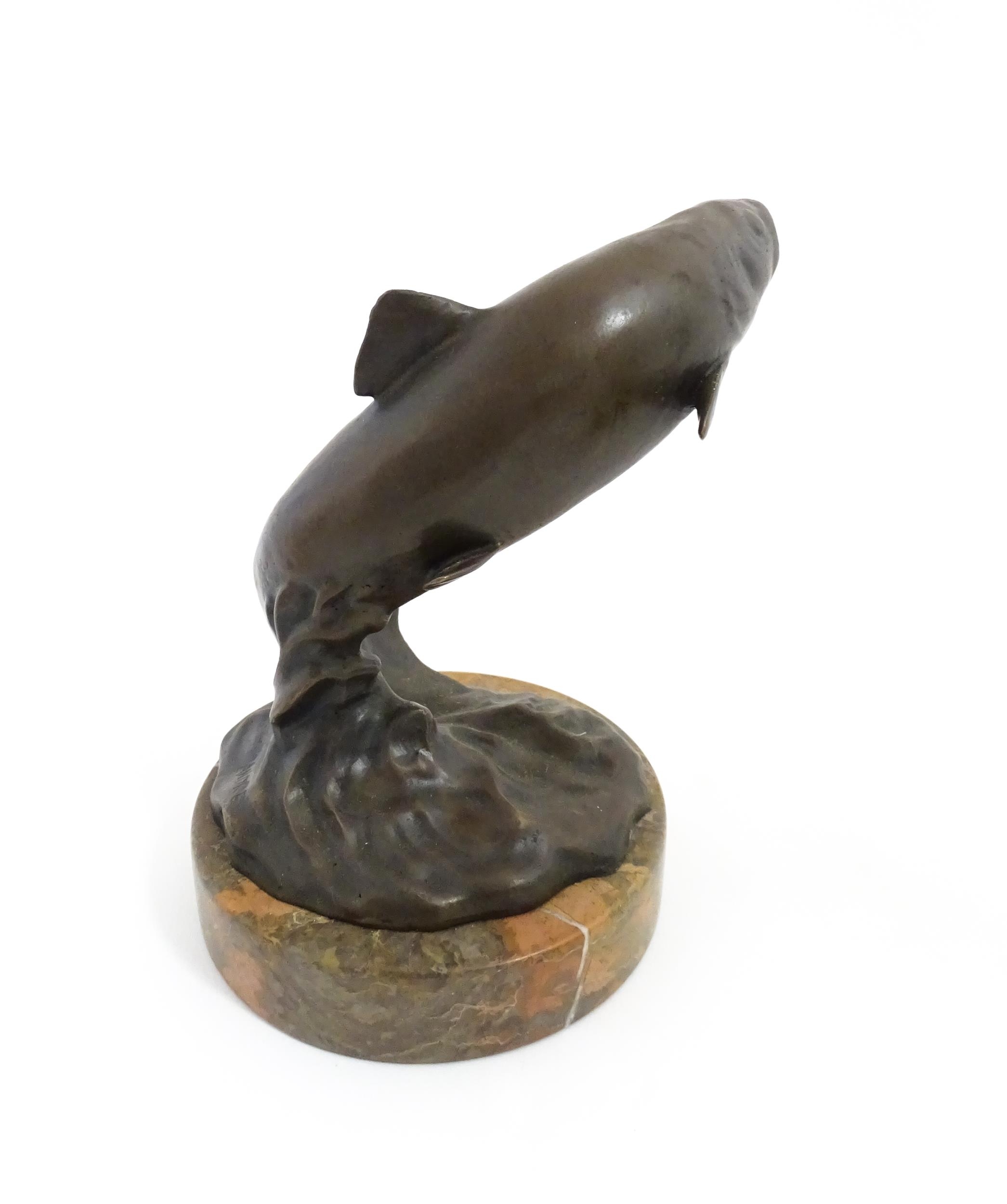 A 20thC cast bronze sculpture modelled as a leaping salmon / fish. Cast signature Andre to base. - Image 4 of 9