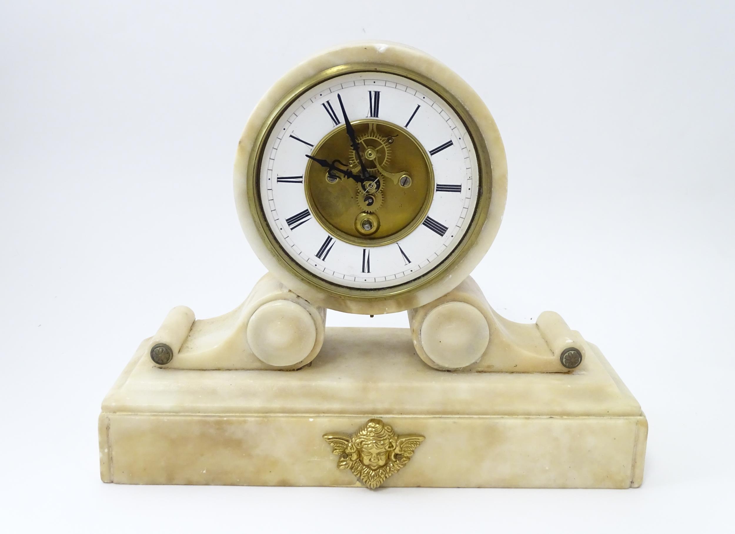 A 19thC French alabaster drum head clock by Farcot, Paris, with Roman chapter ring and visible