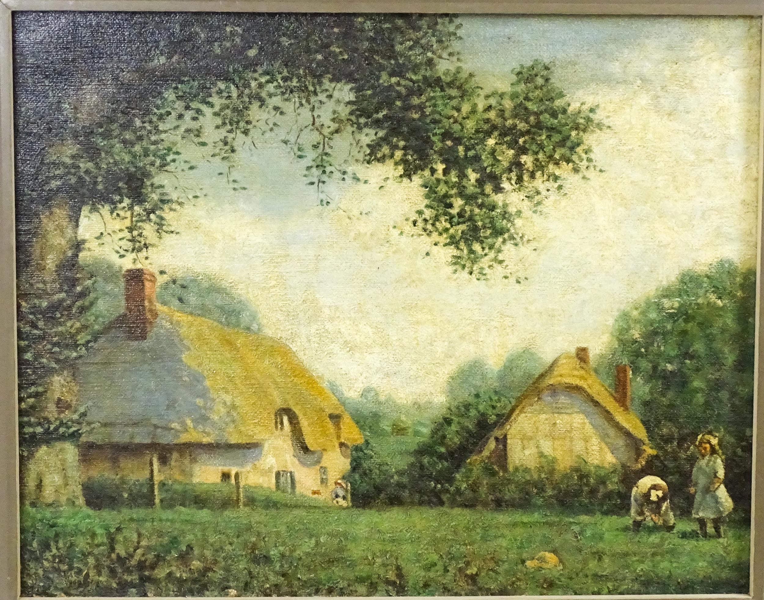 20th century, Oil on hessian canvas, A country scene with figures in a farmyard with thatched - Bild 3 aus 3
