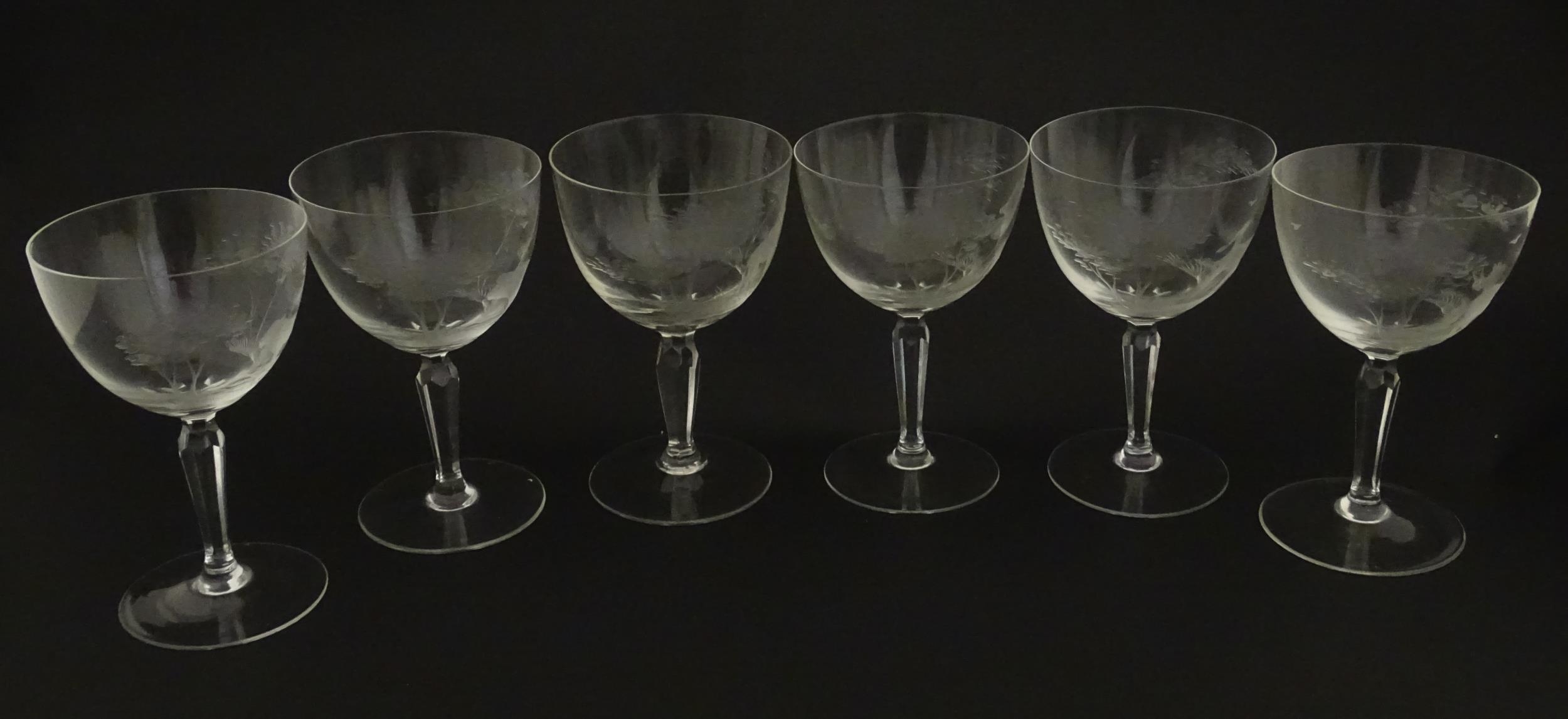 Six Rowland Ward wine glasses with engraved Safari animal detail. Unsigned. Approx. 5 1/2" high ( - Image 5 of 15