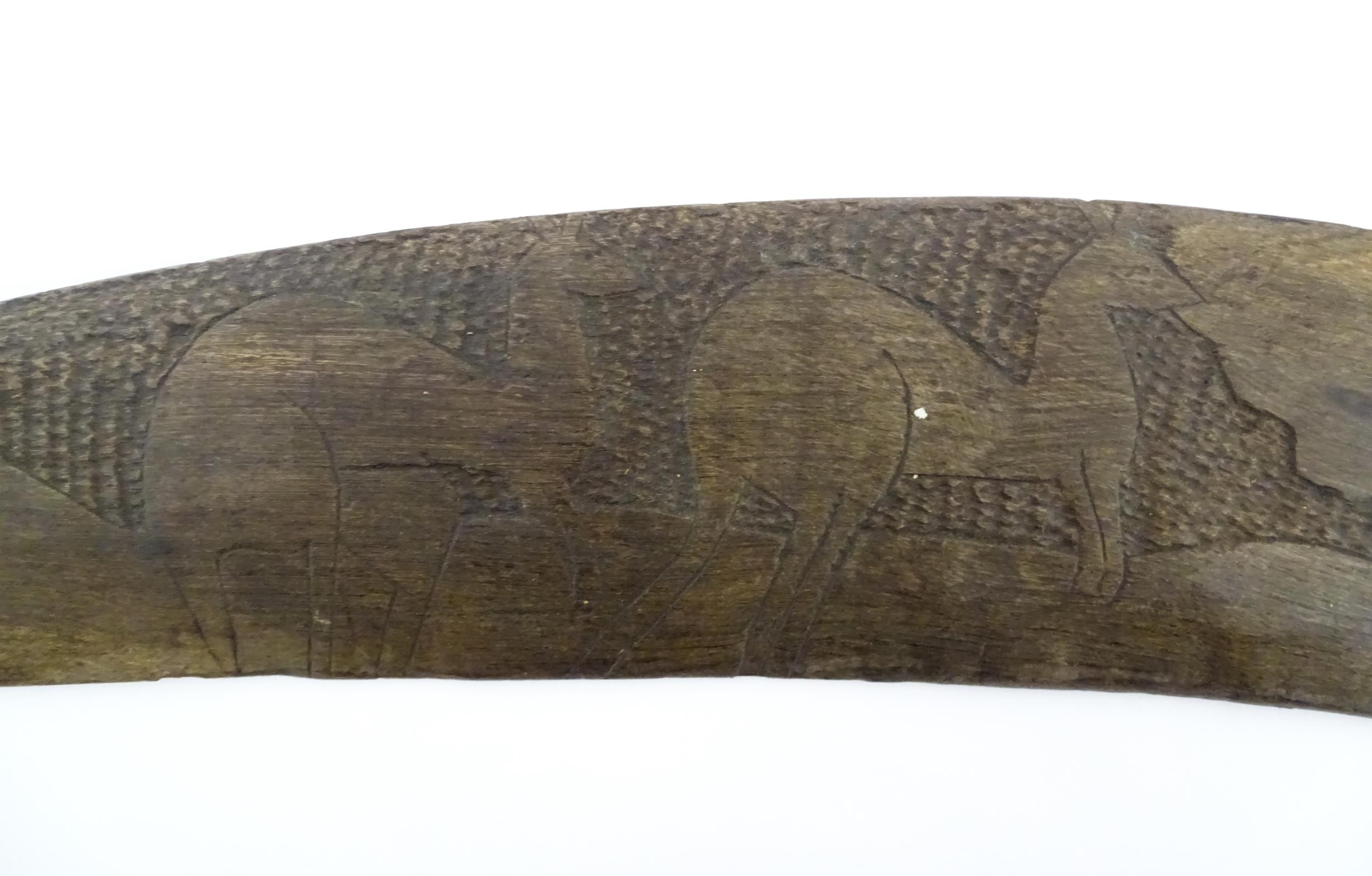 Ethnographic / Native / Tribal : A large Australian carved wooden boomerang with engraved decoration - Image 4 of 8