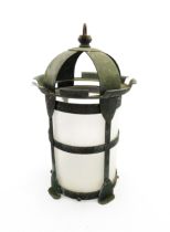 An Arts & Crafts style copper lantern with frosted glass shade. Approx. 14 1/4" high Please Note -