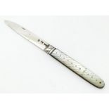A 19thC silver folding fruit knife with mother of pearl handle, maker W&Co. Approx. 5 1/2" long (