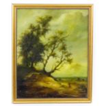 19th century, Dutch School, Oil on panel, A landscape with a man on a path passing trees on a