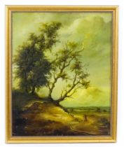 19th century, Dutch School, Oil on panel, A landscape with a man on a path passing trees on a