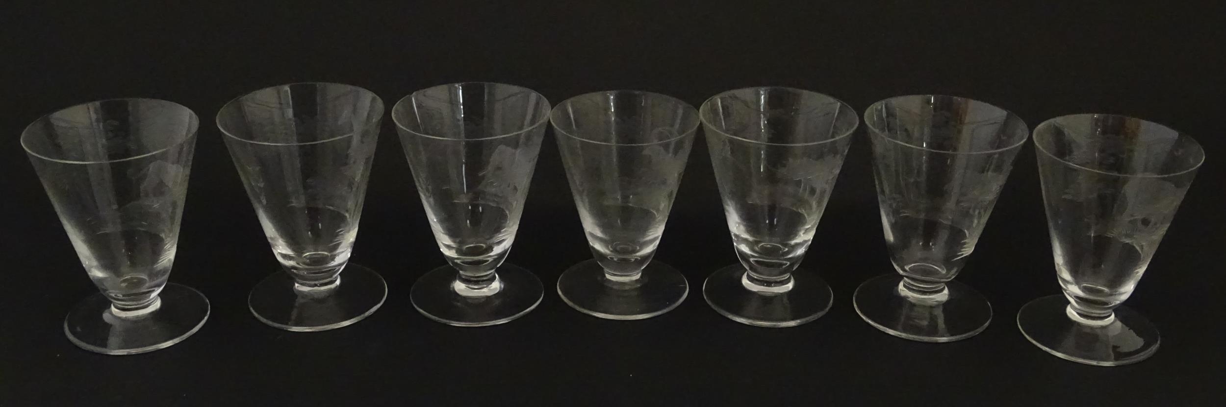 Rowland Ward sherry / liquor glasses with engraved Safari animal detail. Unsigned. Largest approx. - Image 16 of 26