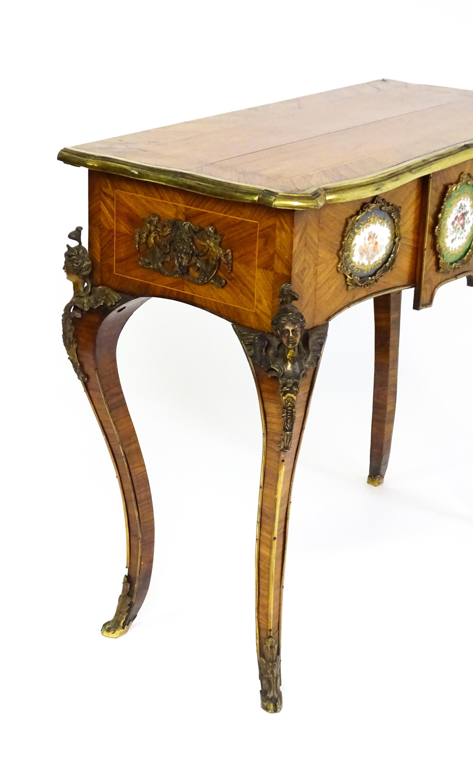 A mid 19thC kingwood side table with a brass moulding to the top edge and three Sevres style plaques - Image 4 of 14