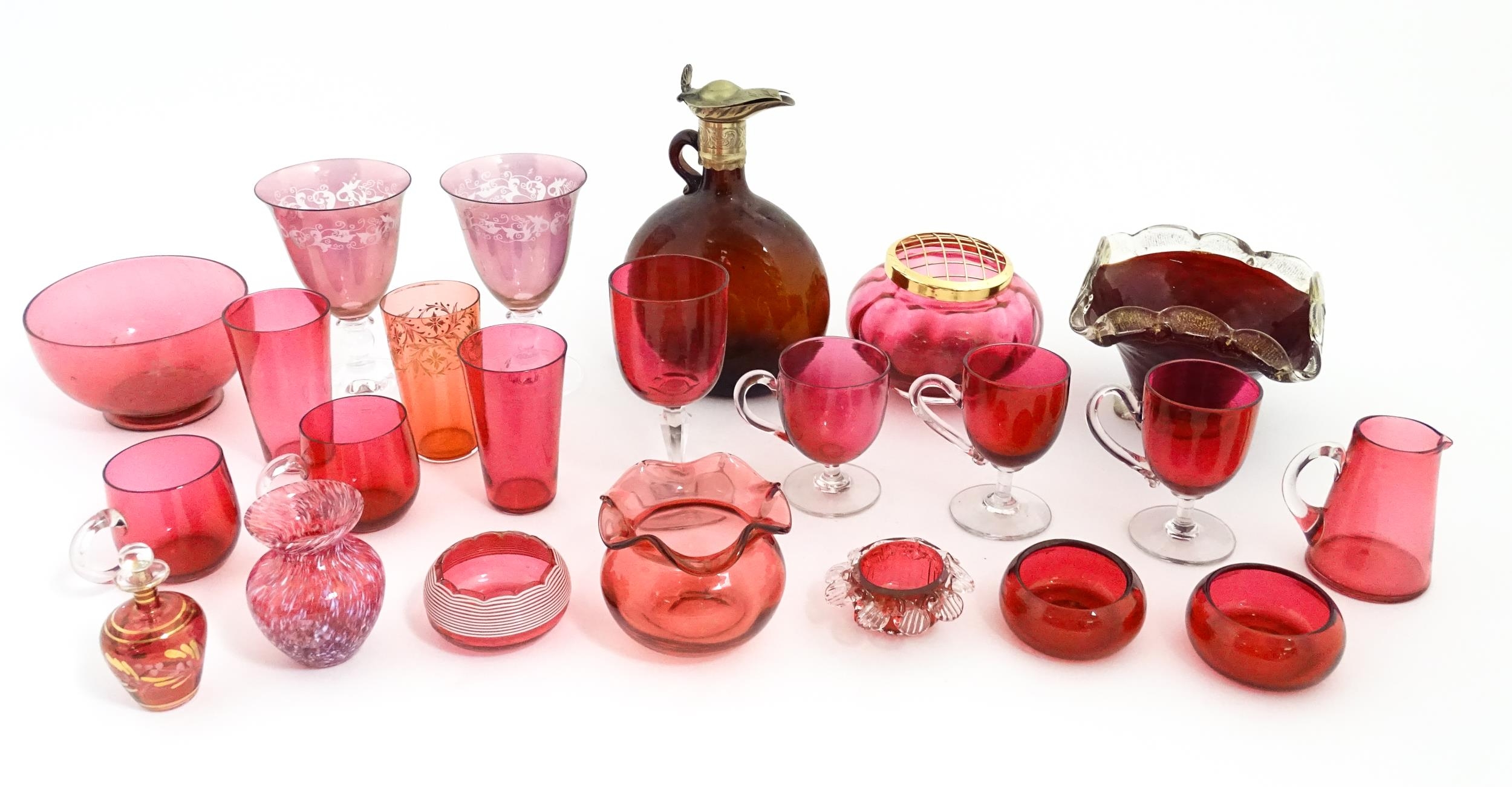A quantity of Victorian and later assorted glassware to include cranberry glass beakers, drinking - Image 4 of 14